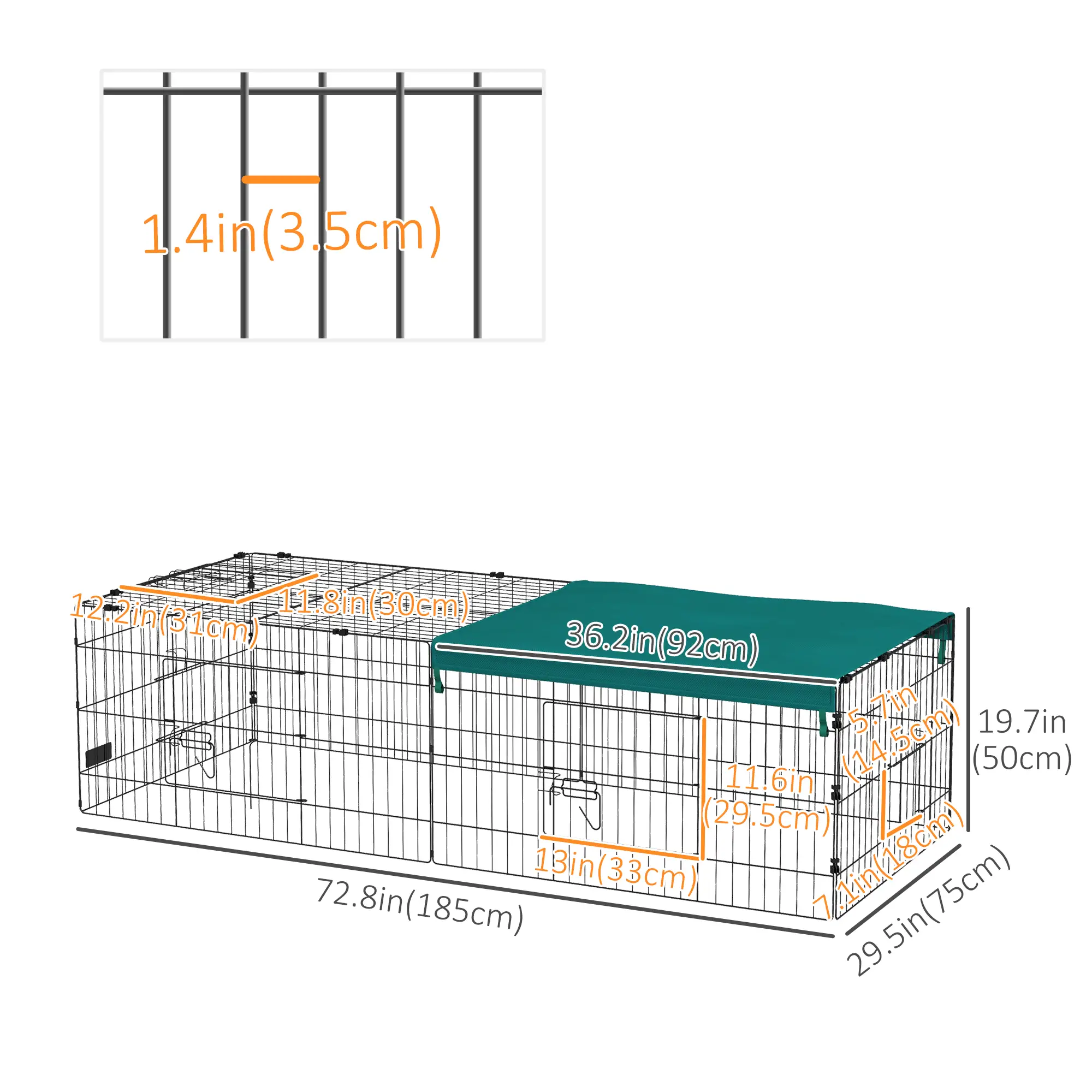 Small Animal Cage With Roof, Indoor Outdoor Use, 73" x 30" x 20", Green - Image 3