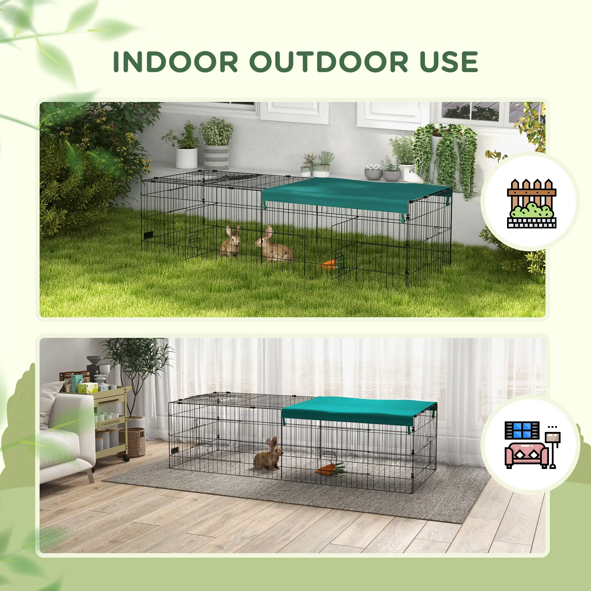 Small Animal Cage With Roof, Indoor Outdoor Use, 73" x 30" x 20", Green - Image 9