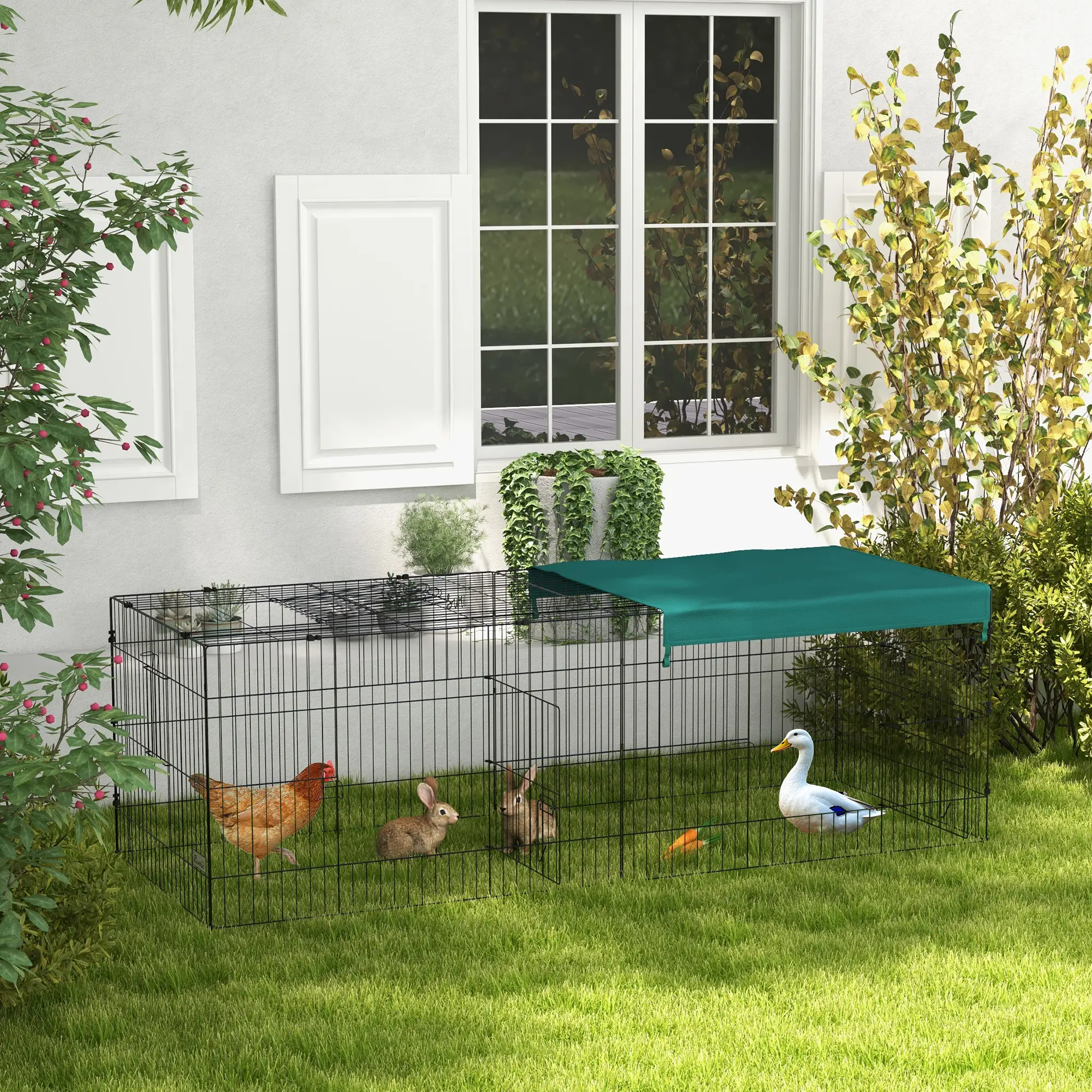 Small Animal Cage With Roof, Indoor Outdoor Use, 87" x 34" x 28", Green - Image 2