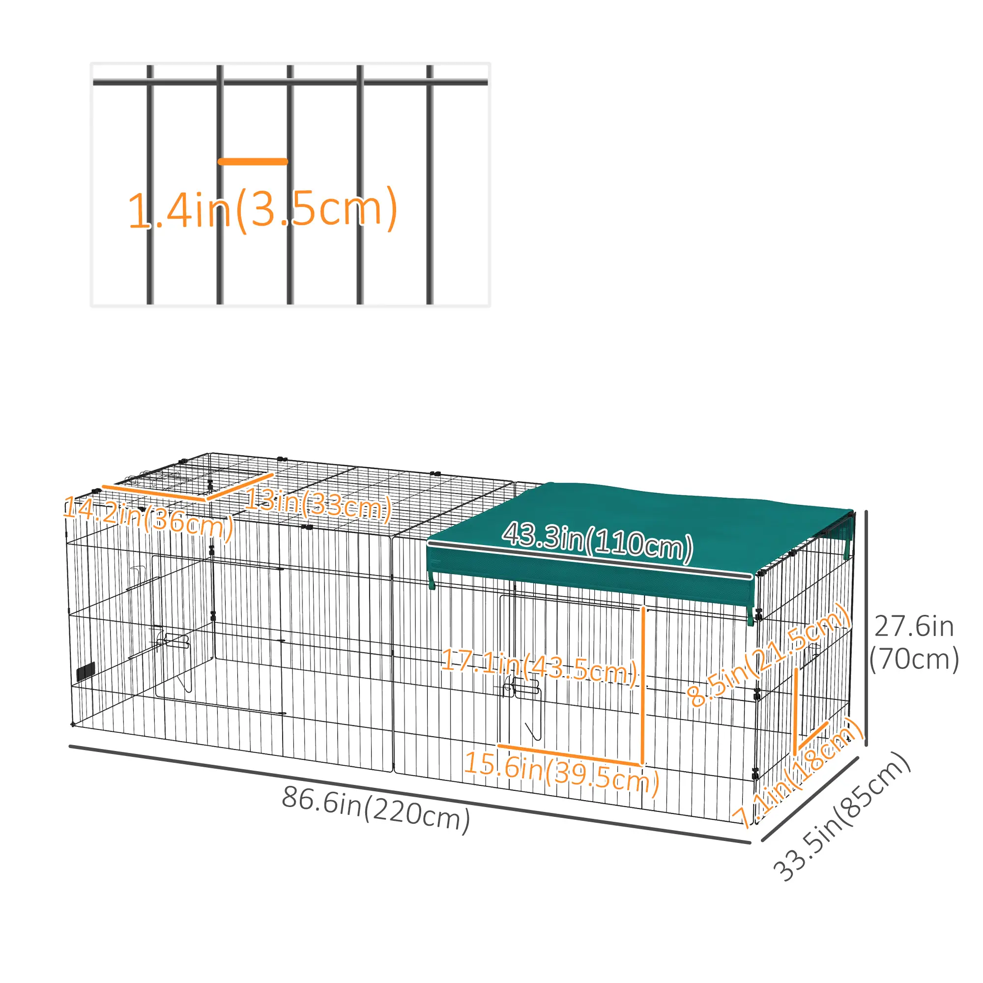 Small Animal Cage With Roof, Indoor Outdoor Use, 87" x 34" x 28", Green - Image 3