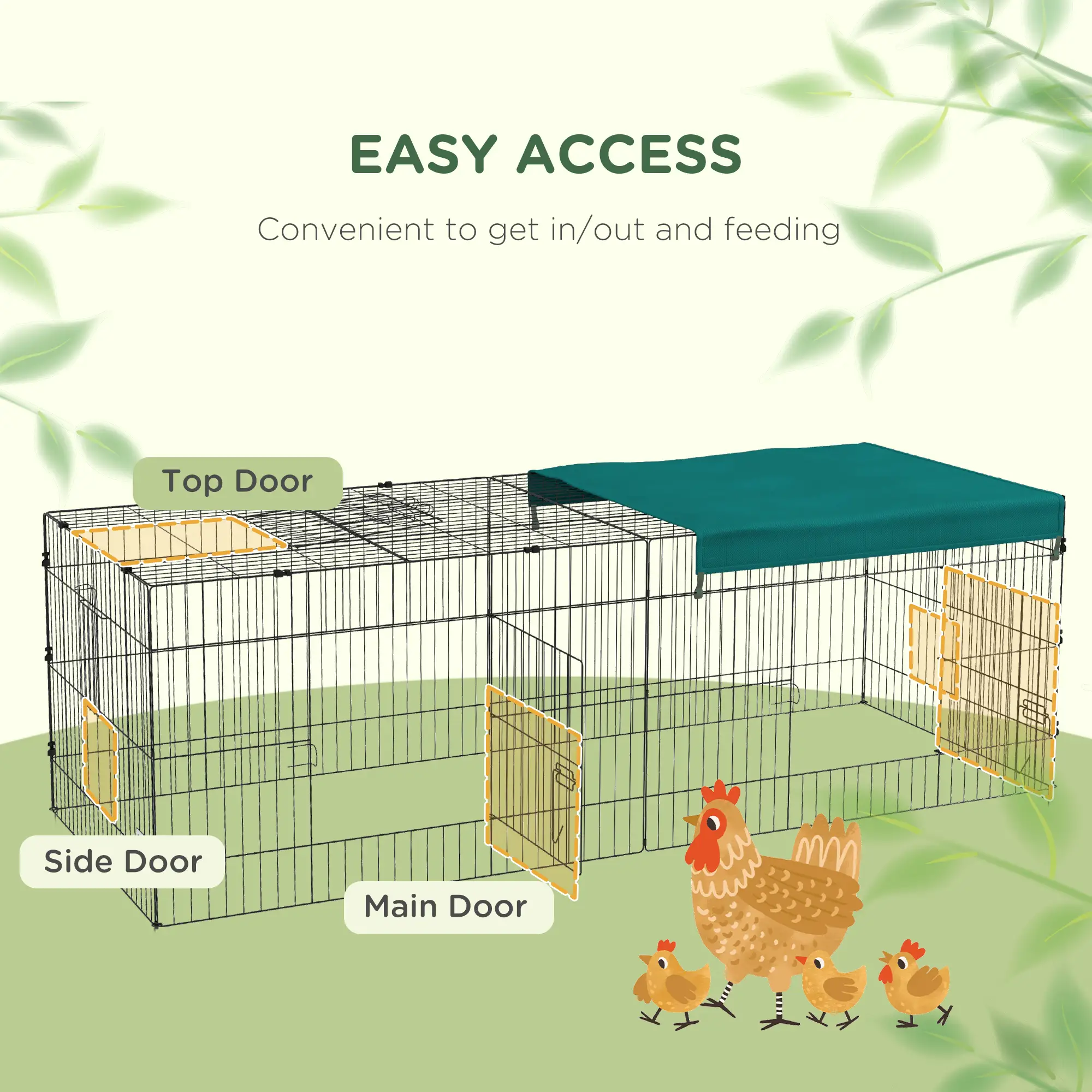 Small Animal Cage With Roof, Indoor Outdoor Use, 87" x 34" x 28", Green - Image 6