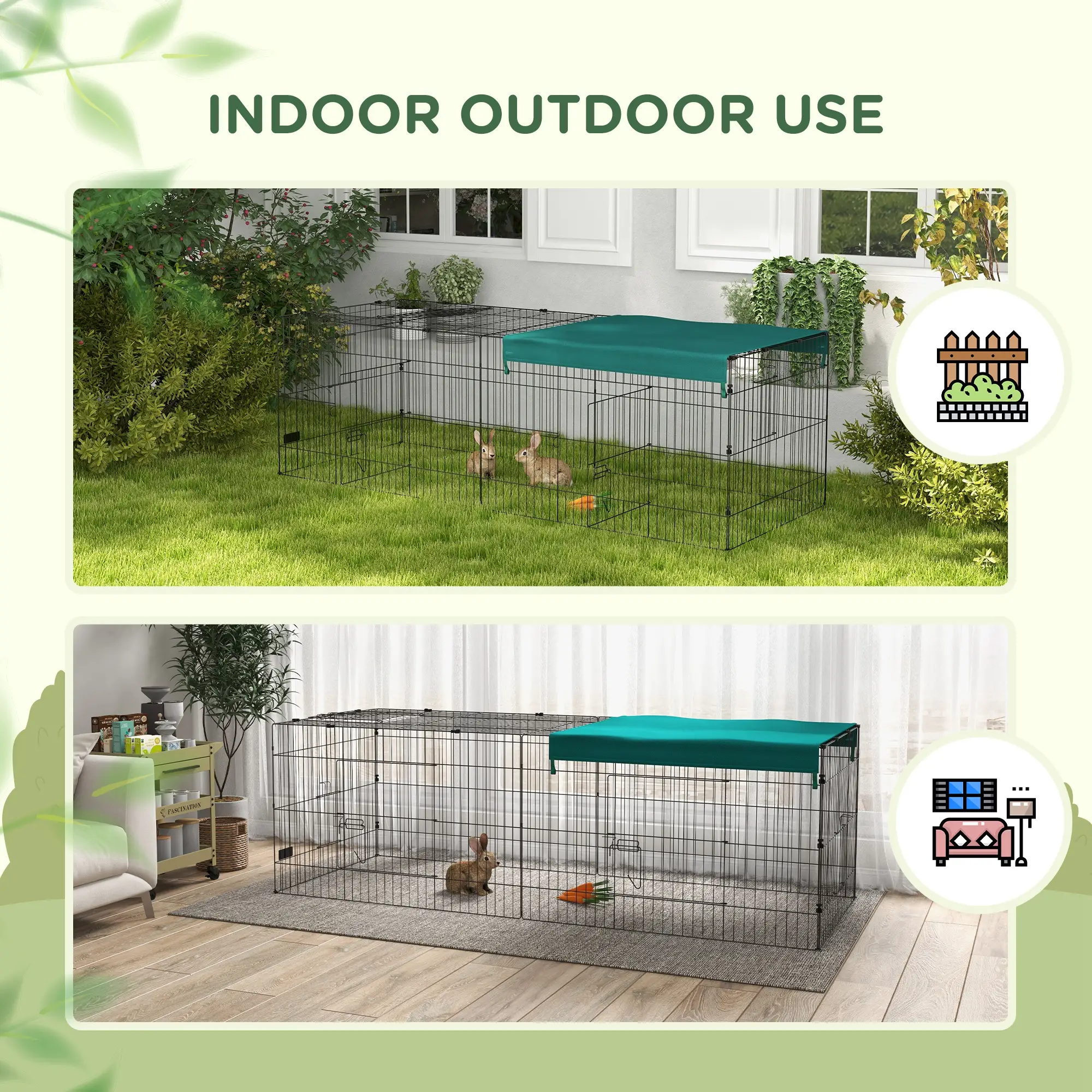 Small Animal Cage With Roof, Indoor Outdoor Use, 87" x 34" x 28", Green - Image 9
