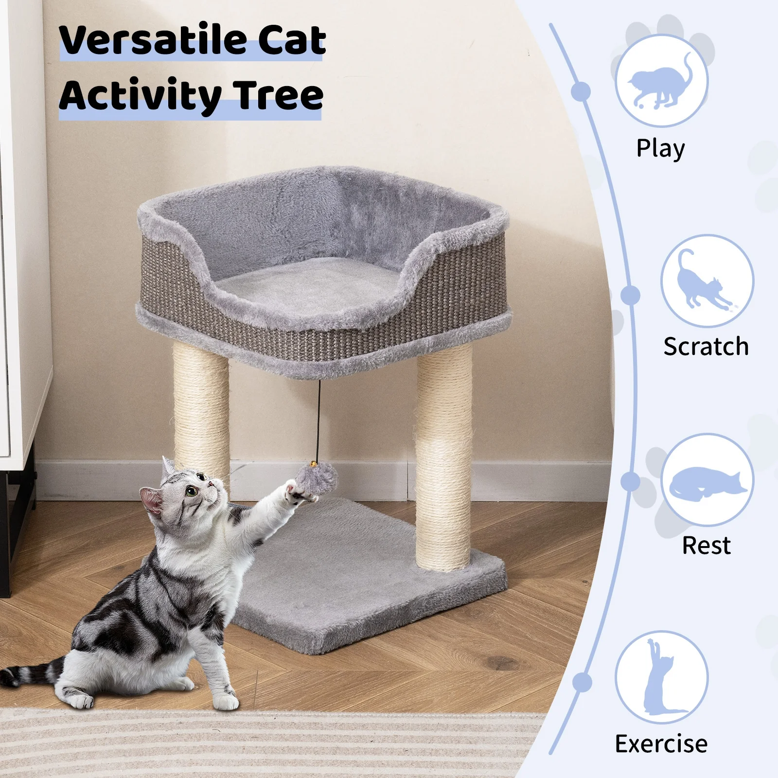 Small Cat Tree, Indoor Kitty Tower, Plush Perch, Sisal Scratching Posts, Gray - Image 6