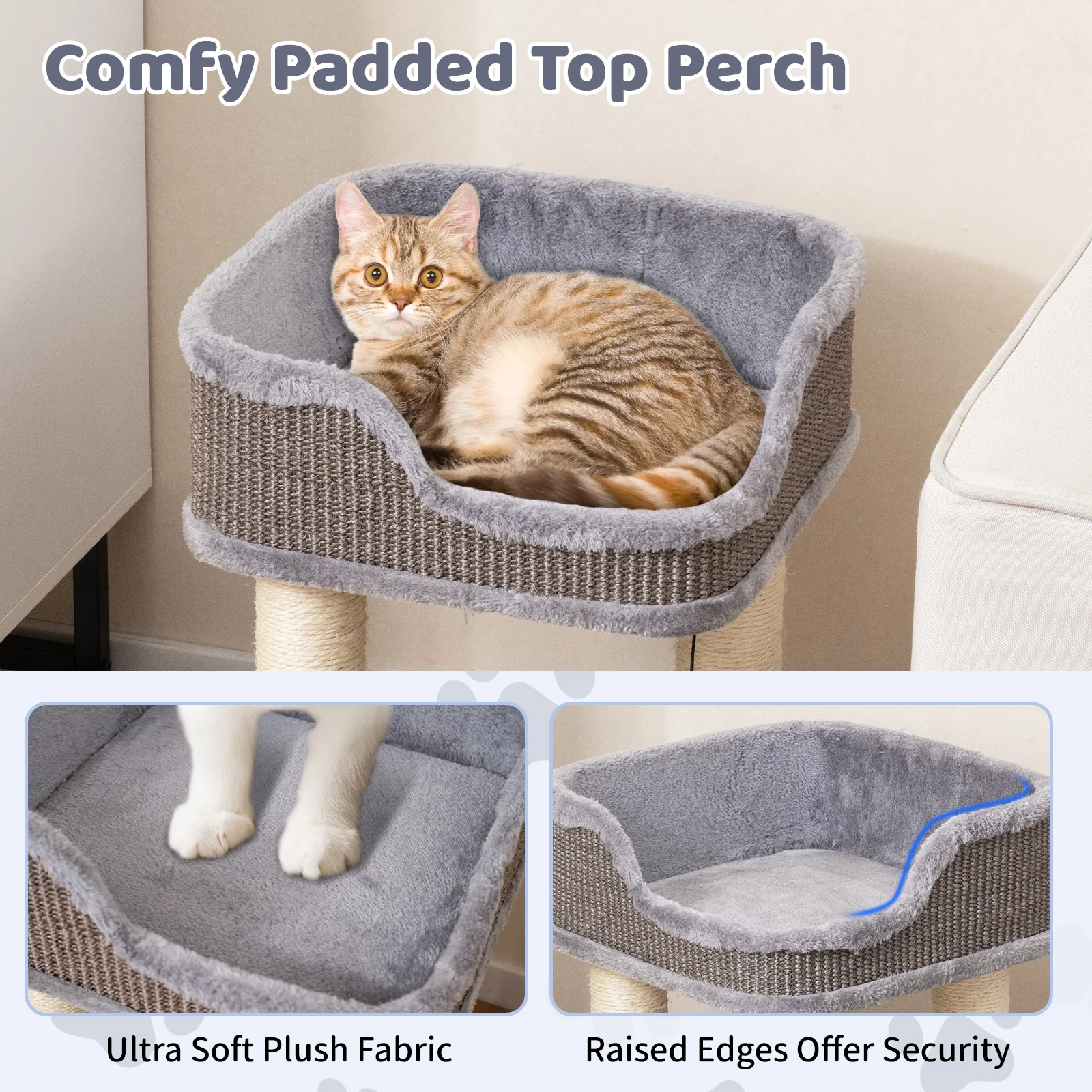 Small Cat Tree, Indoor Kitty Tower, Plush Perch, Sisal Scratching Posts, Gray - Image 8