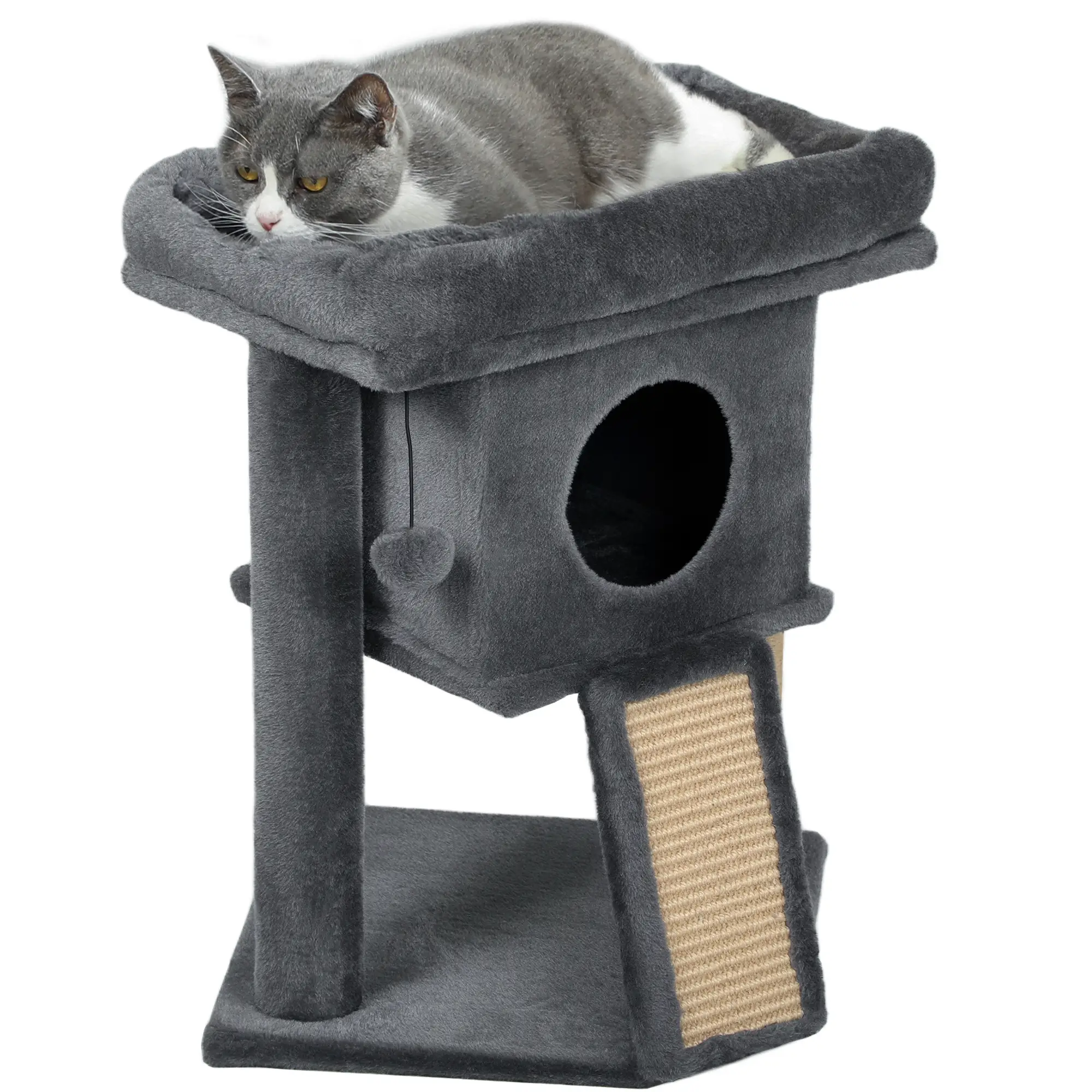 Small Cat Tree Tower with Perch, Scratching Post, Condo, Toy Ball, Dark Grey - Image 11