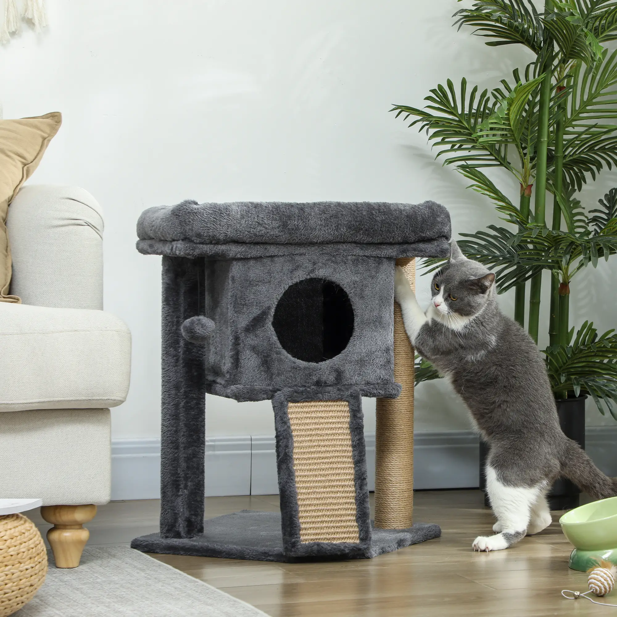 Small Cat Tree Tower with Perch, Scratching Post, Condo, Toy Ball, Dark Grey - Image 2
