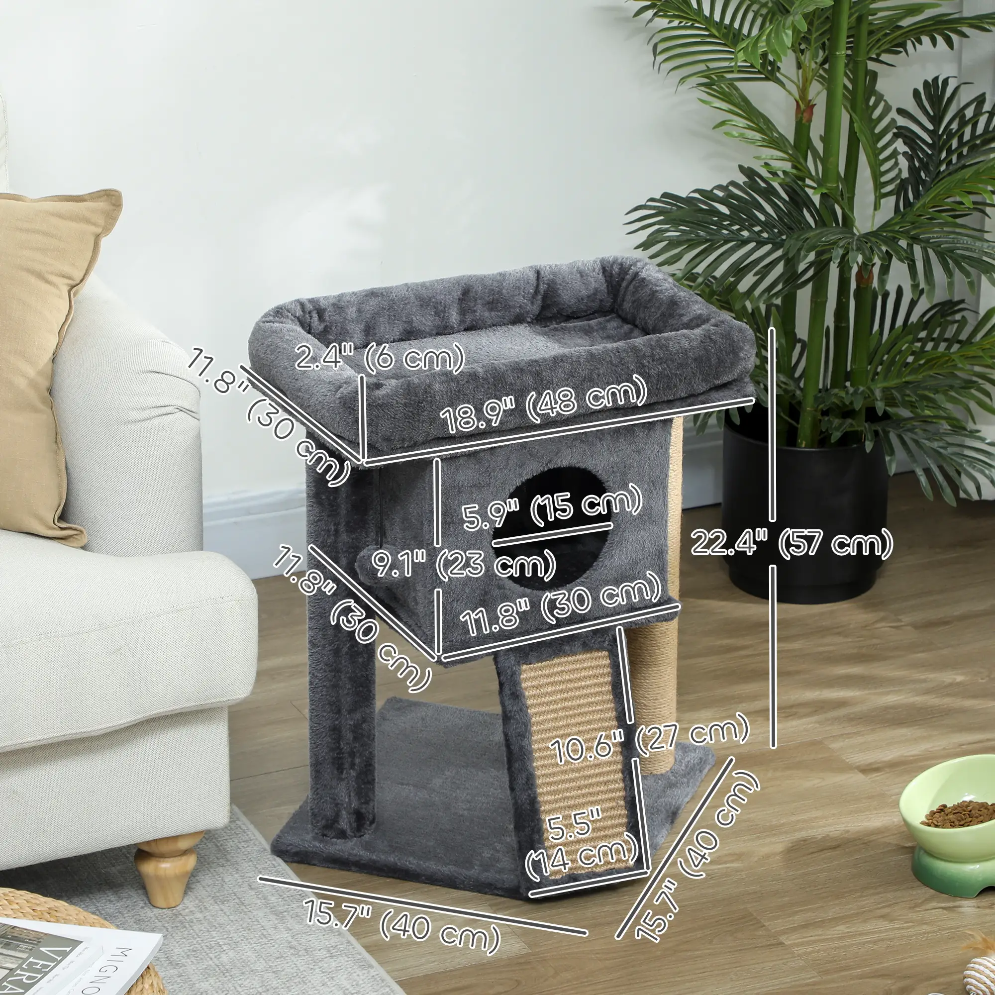 Small Cat Tree Tower with Perch, Scratching Post, Condo, Toy Ball, Dark Grey - Image 3