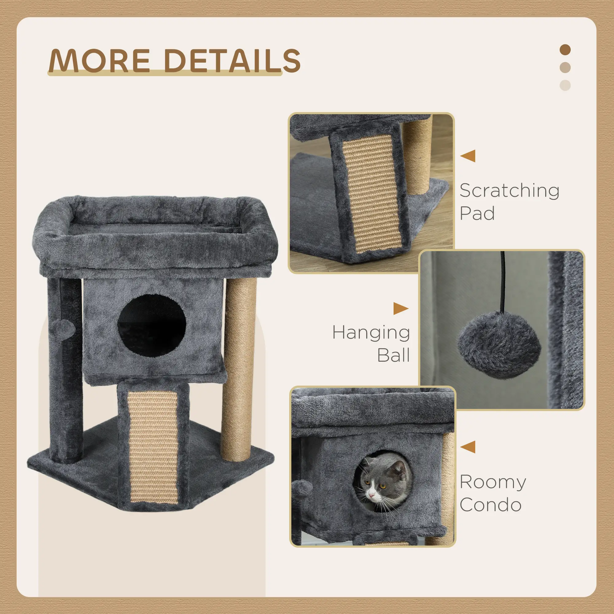 Small Cat Tree Tower with Perch, Scratching Post, Condo, Toy Ball, Dark Grey - Image 5