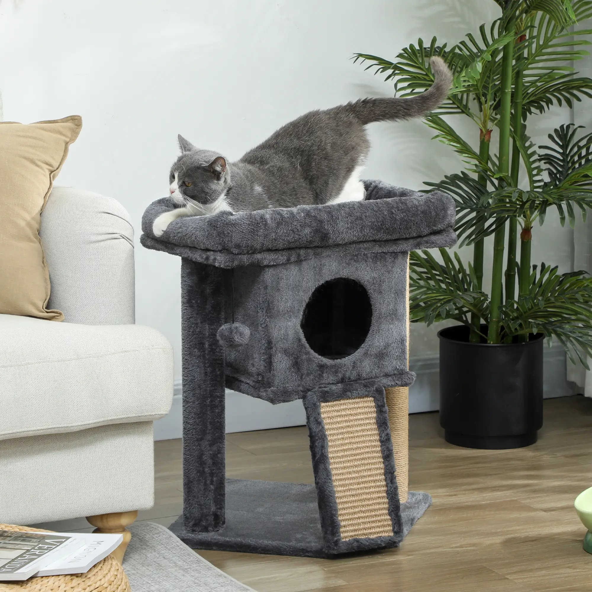 Small Cat Tree Tower with Perch, Scratching Post, Condo, Toy Ball, Dark Grey - Image 7