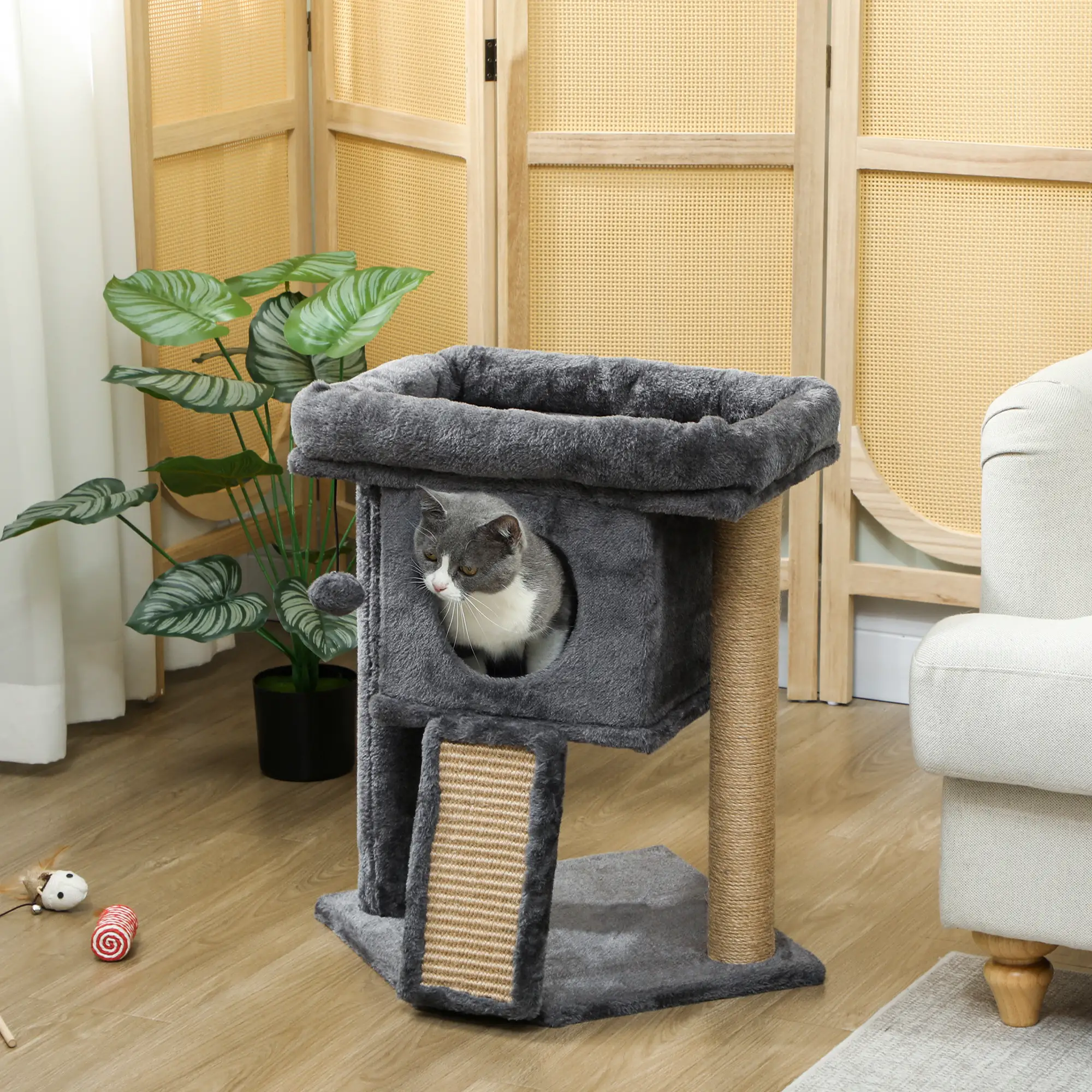 Small Cat Tree Tower with Perch, Scratching Post, Condo, Toy Ball, Dark Grey - Image 8