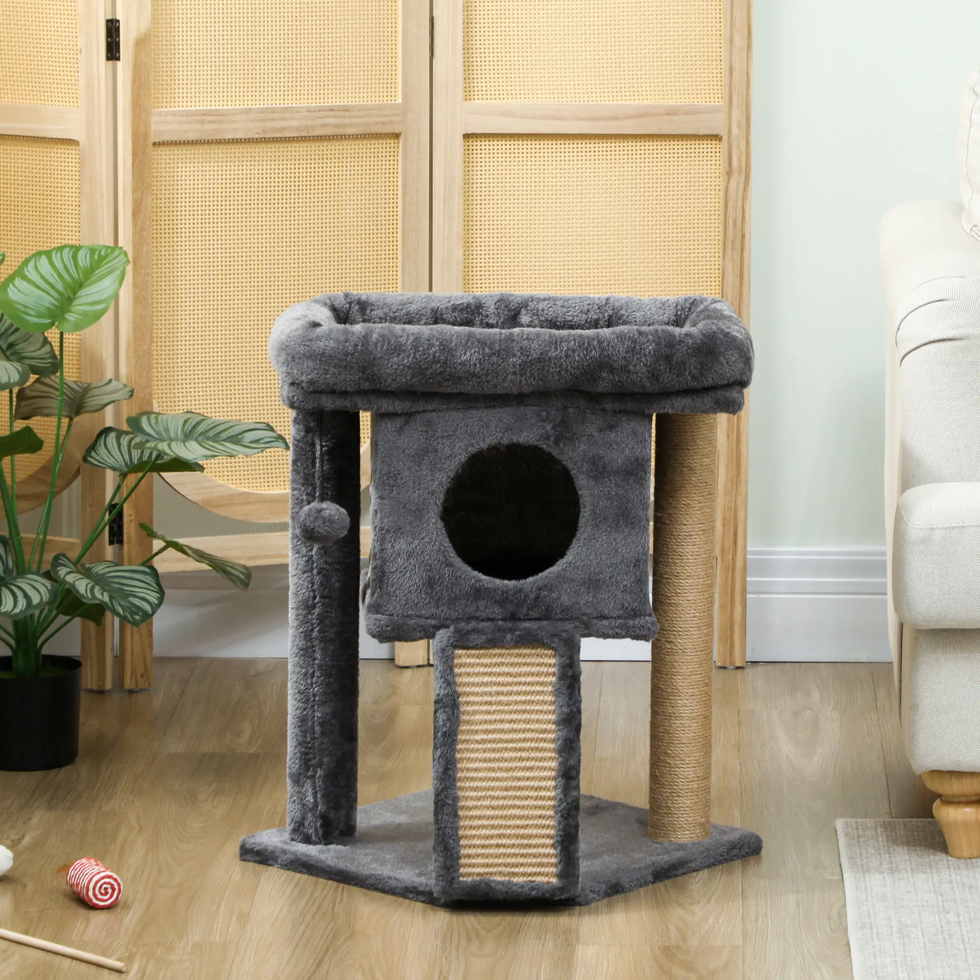 Small Cat Tree Tower with Perch, Scratching Post, Condo, Toy Ball, Dark Grey - Image 9