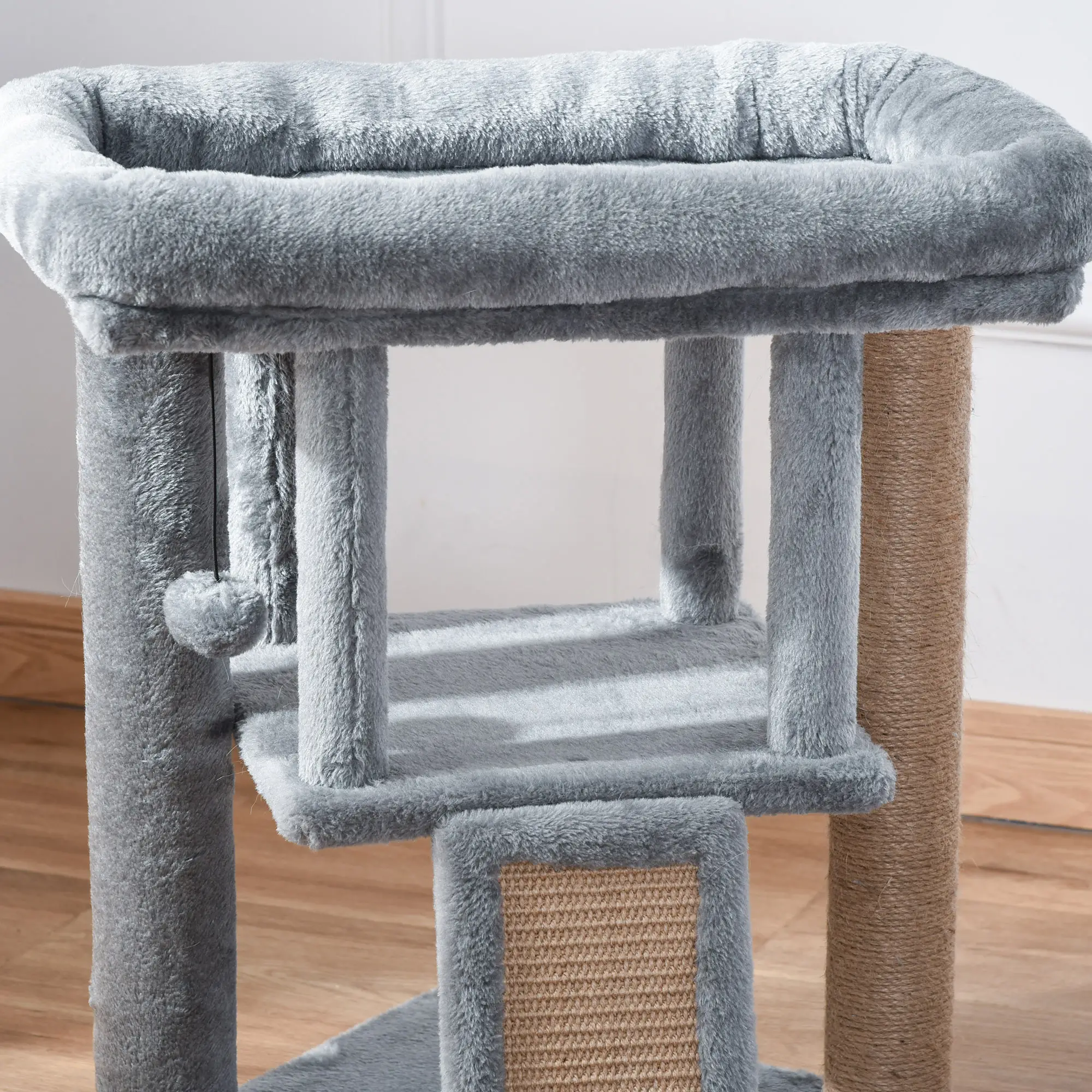 Small Cat Tree Tower with Perch, Scratching Post, Condo, Toy Ball, Grey - Image 10