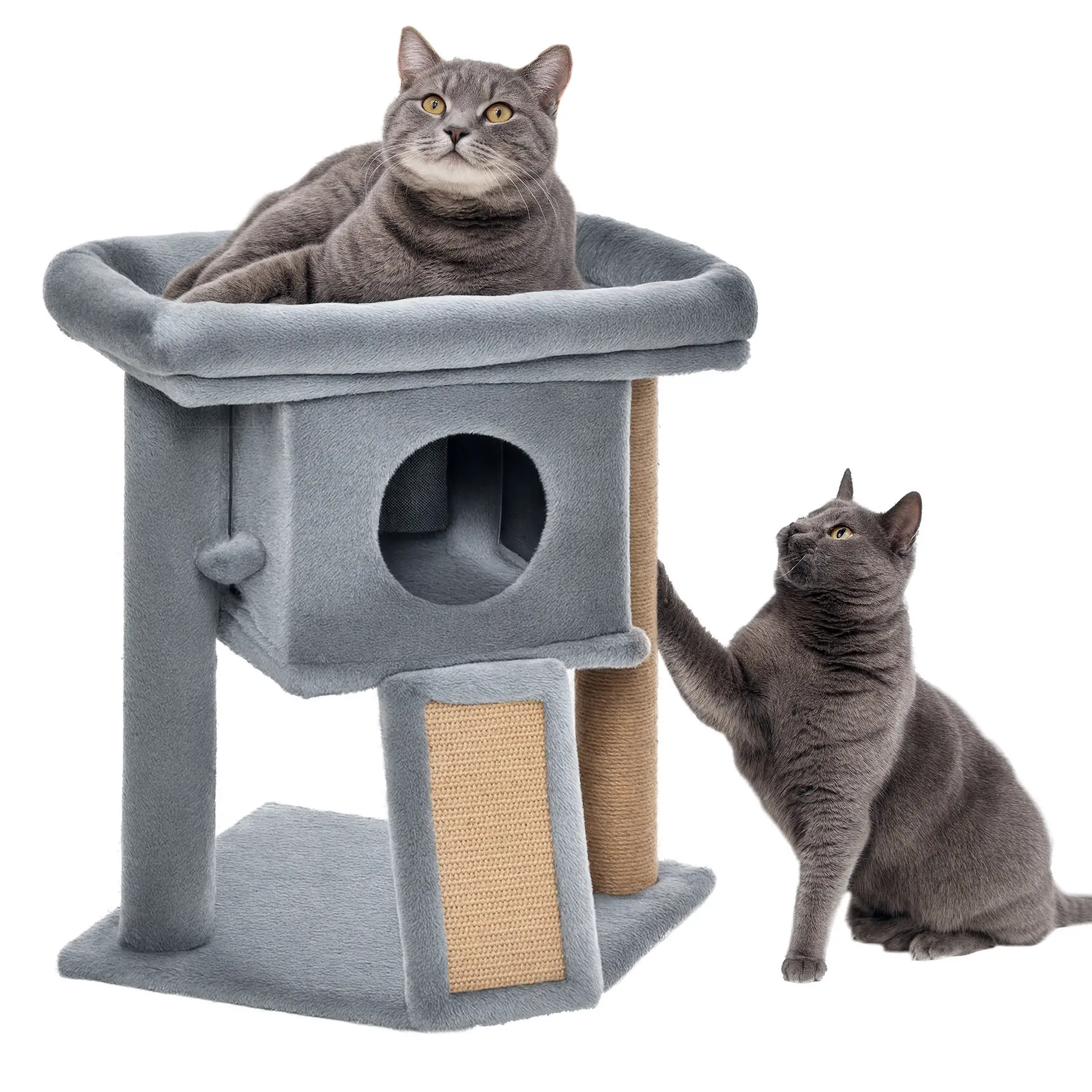 Small Cat Tree Tower with Perch, Scratching Post, Condo, Toy Ball, Grey - Image 11