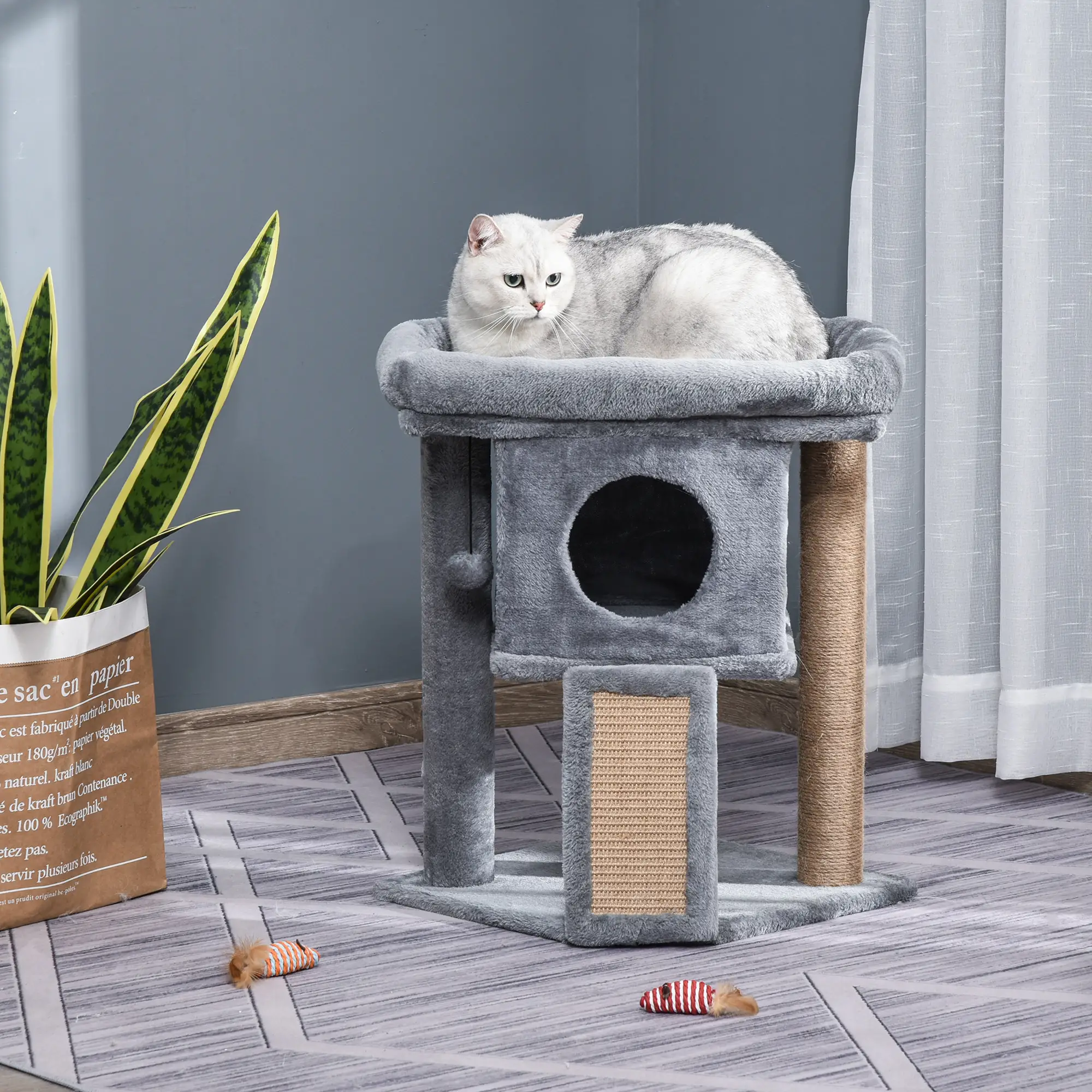 Small Cat Tree Tower with Perch, Scratching Post, Condo, Toy Ball, Grey - Image 2