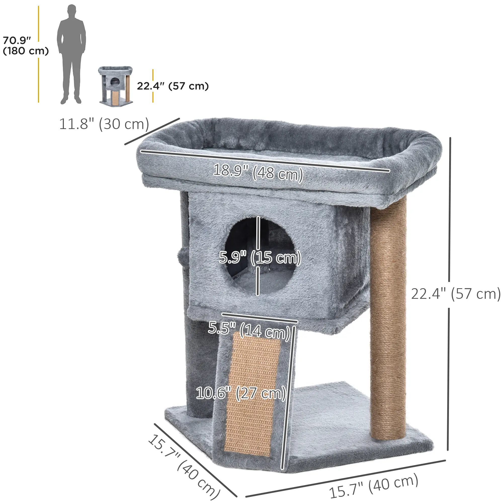 Small Cat Tree Tower with Perch, Scratching Post, Condo, Toy Ball, Grey - Image 3
