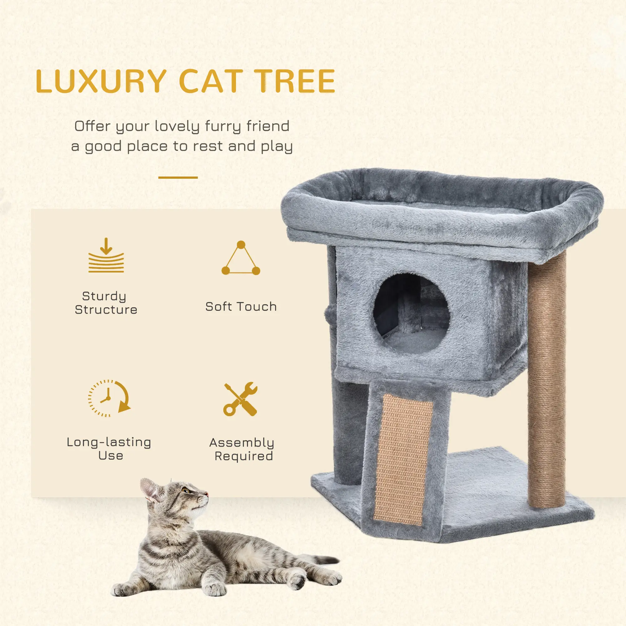 Small Cat Tree Tower with Perch, Scratching Post, Condo, Toy Ball, Grey - Image 4