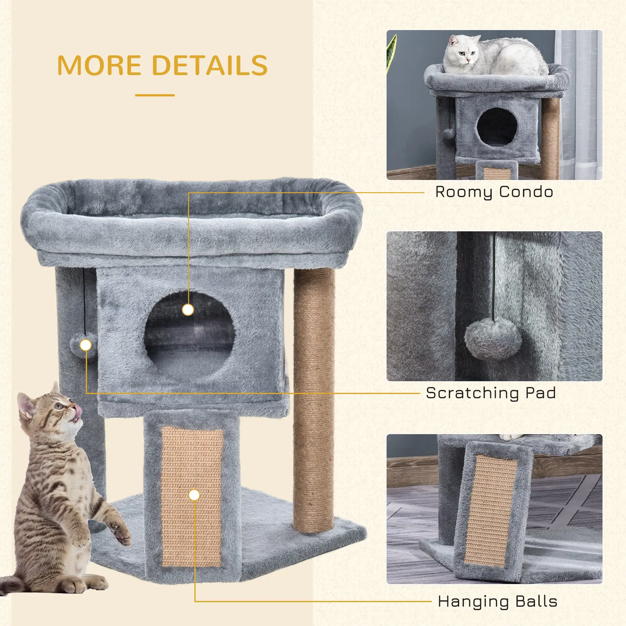 Small Cat Tree Tower with Perch, Scratching Post, Condo, Toy Ball, Grey - Image 5