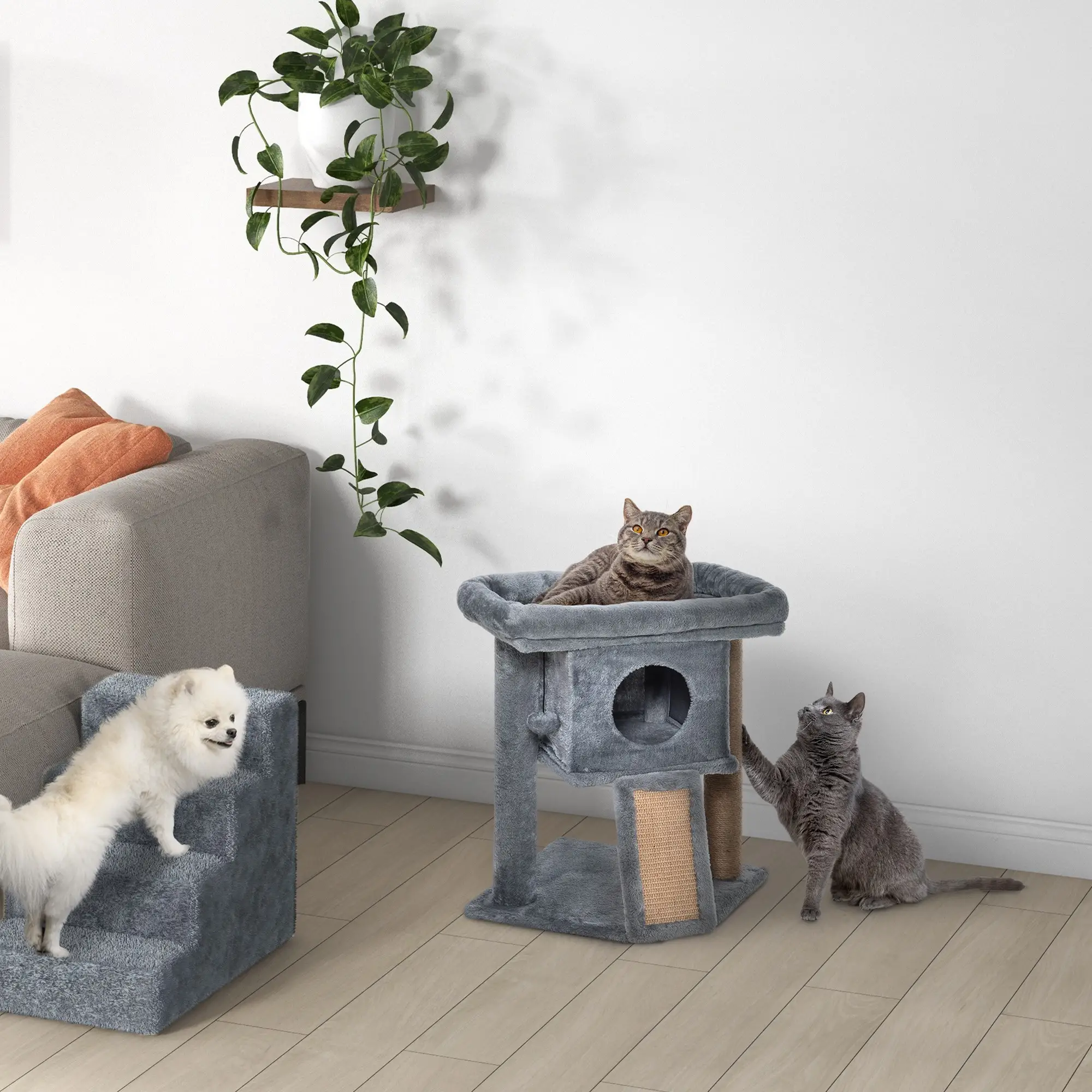 Small Cat Tree Tower with Perch, Scratching Post, Condo, Toy Ball, Grey - Image 7