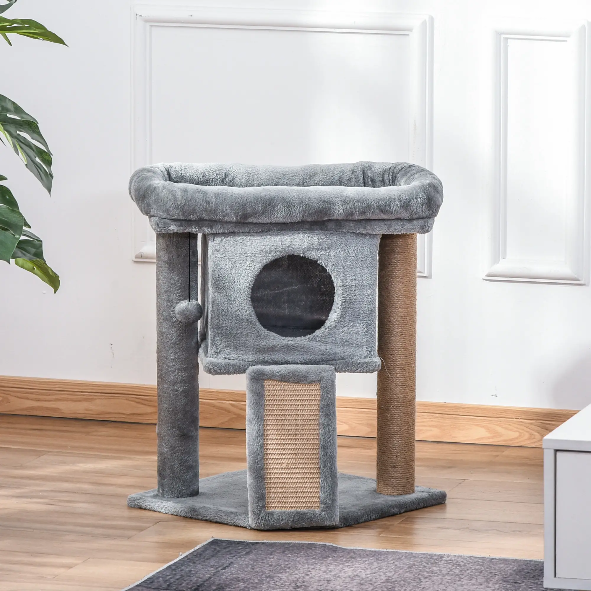 Small Cat Tree Tower with Perch, Scratching Post, Condo, Toy Ball, Grey - Image 9