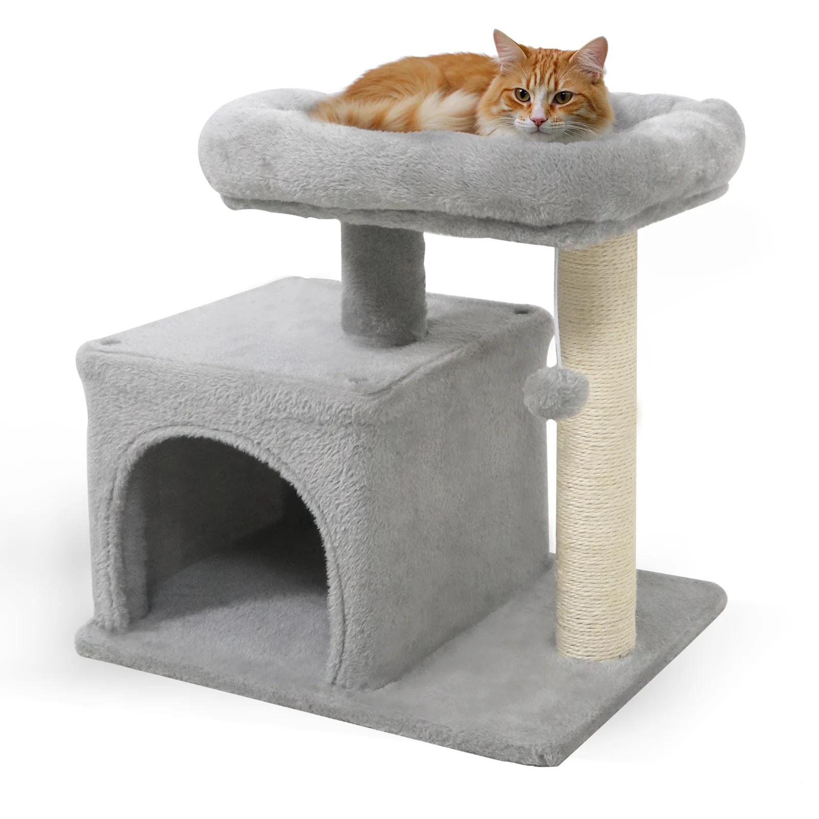 Small Cat Tree with Large Padded Plush Perch for Indoor Cats, Light Gray