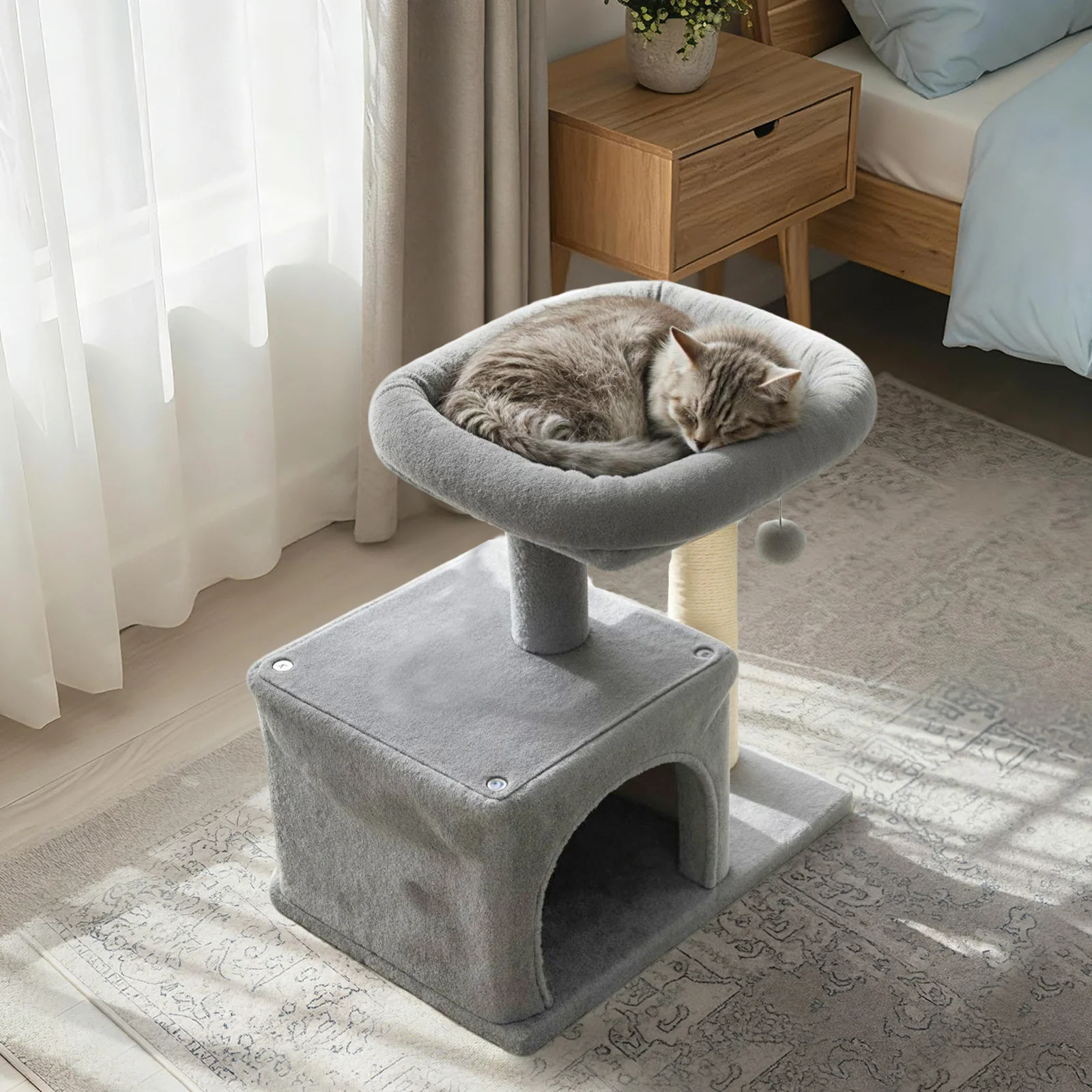 Small Cat Tree with Large Padded Plush Perch for Indoor Cats, Light Gray - Image 3