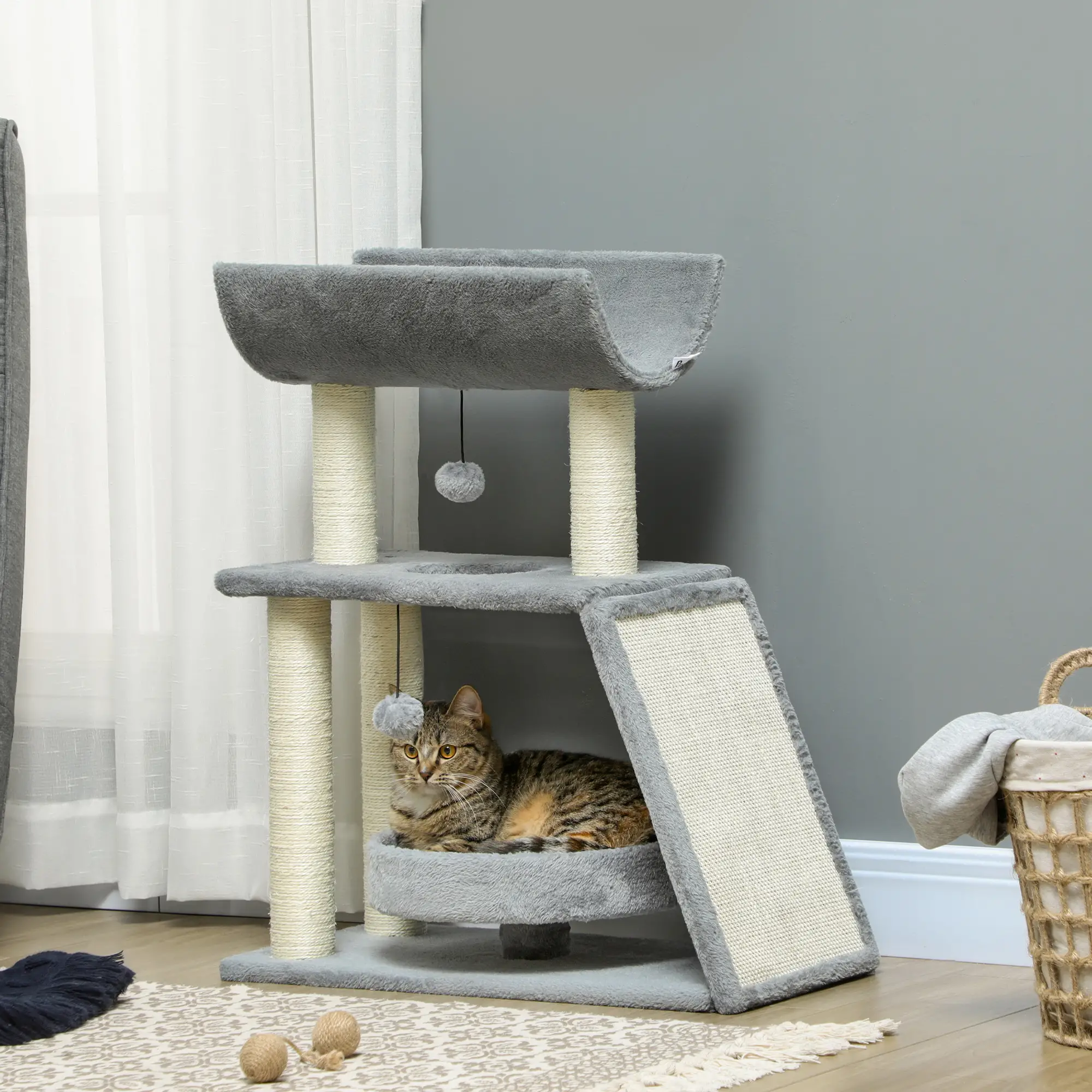 Small Cat Tree with Perch, Scratching Posts, Light Grey - Image 2
