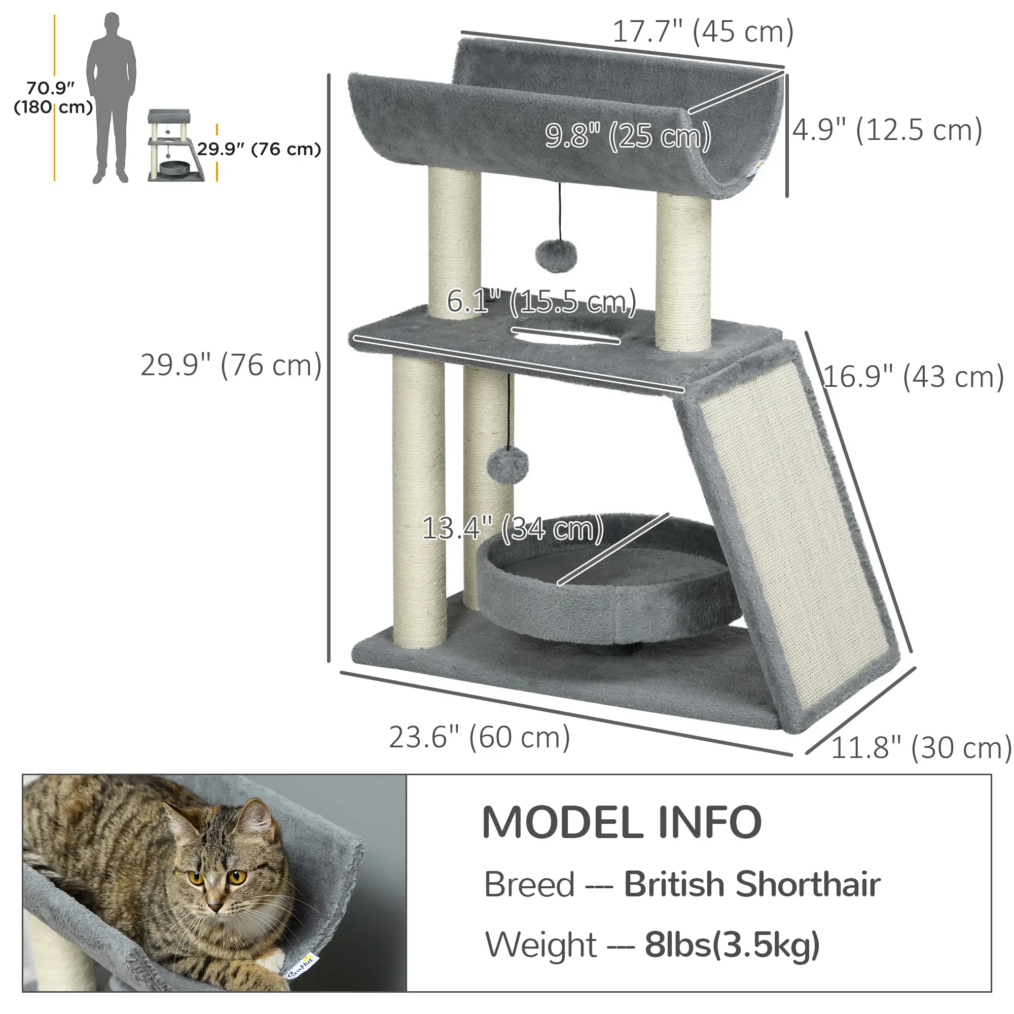 Small Cat Tree with Perch, Scratching Posts, Light Grey - Image 3