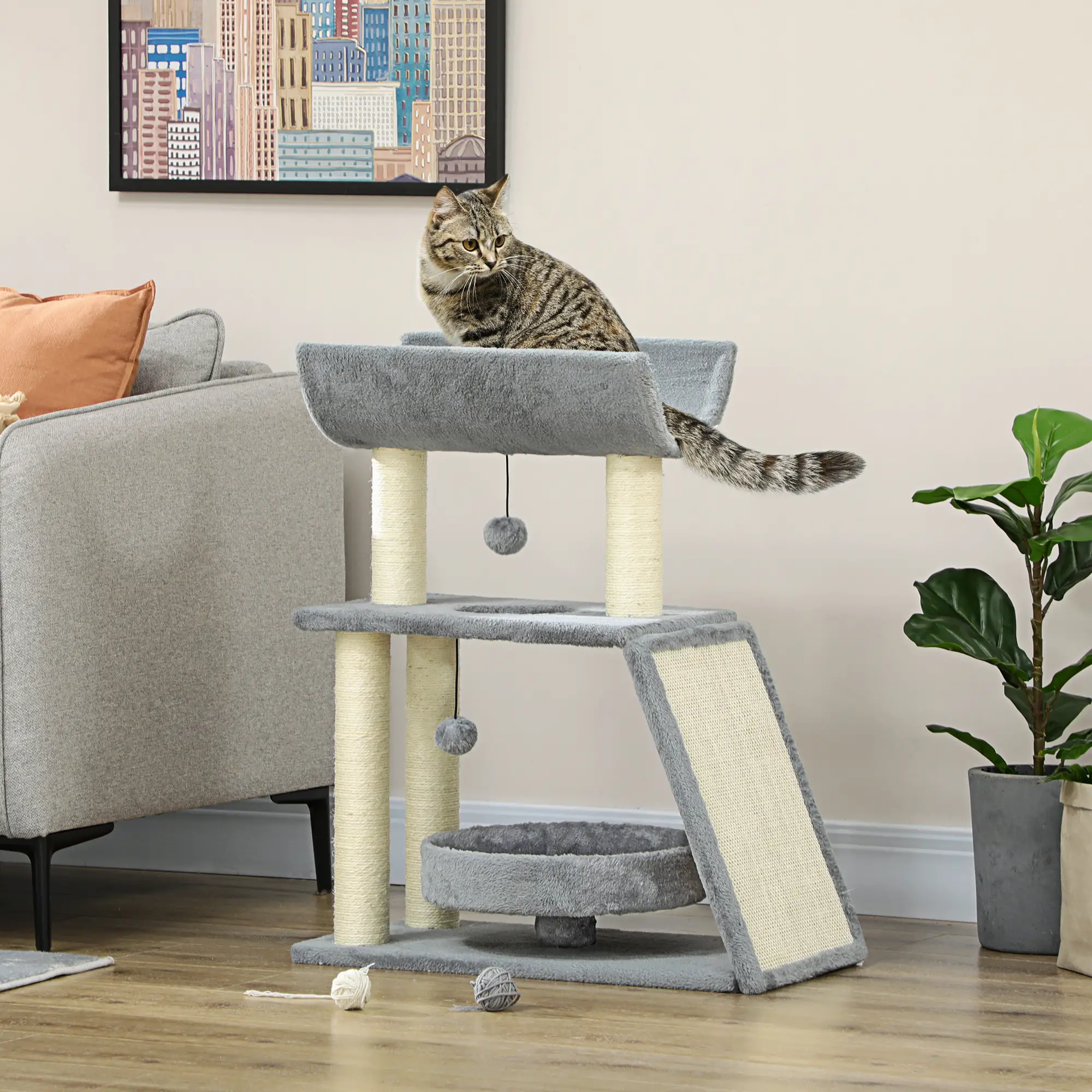 Small Cat Tree with Perch, Scratching Posts, Light Grey - Image 8