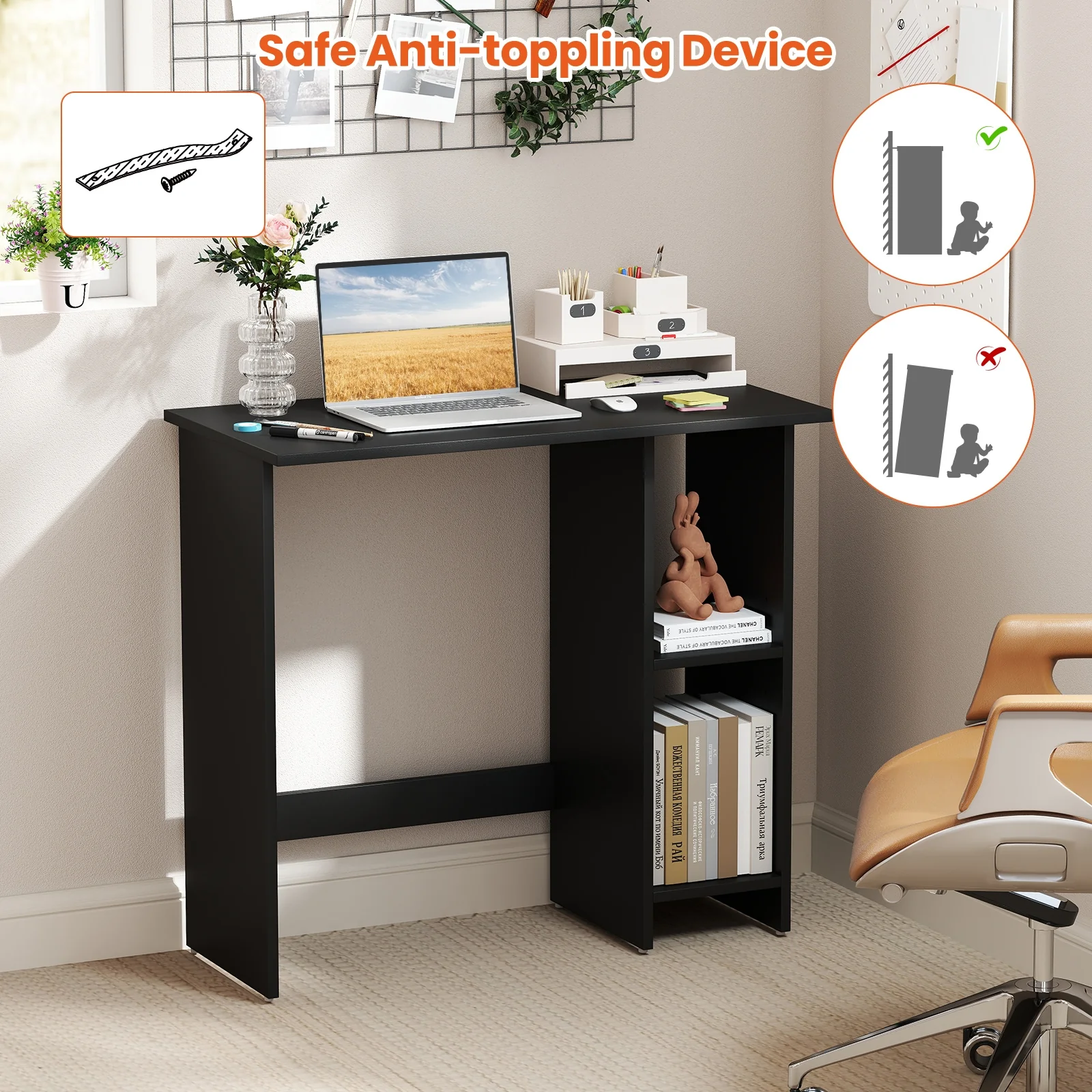 Small Computer Desk With Storage, Adjustable Shelf, Black - Image 8