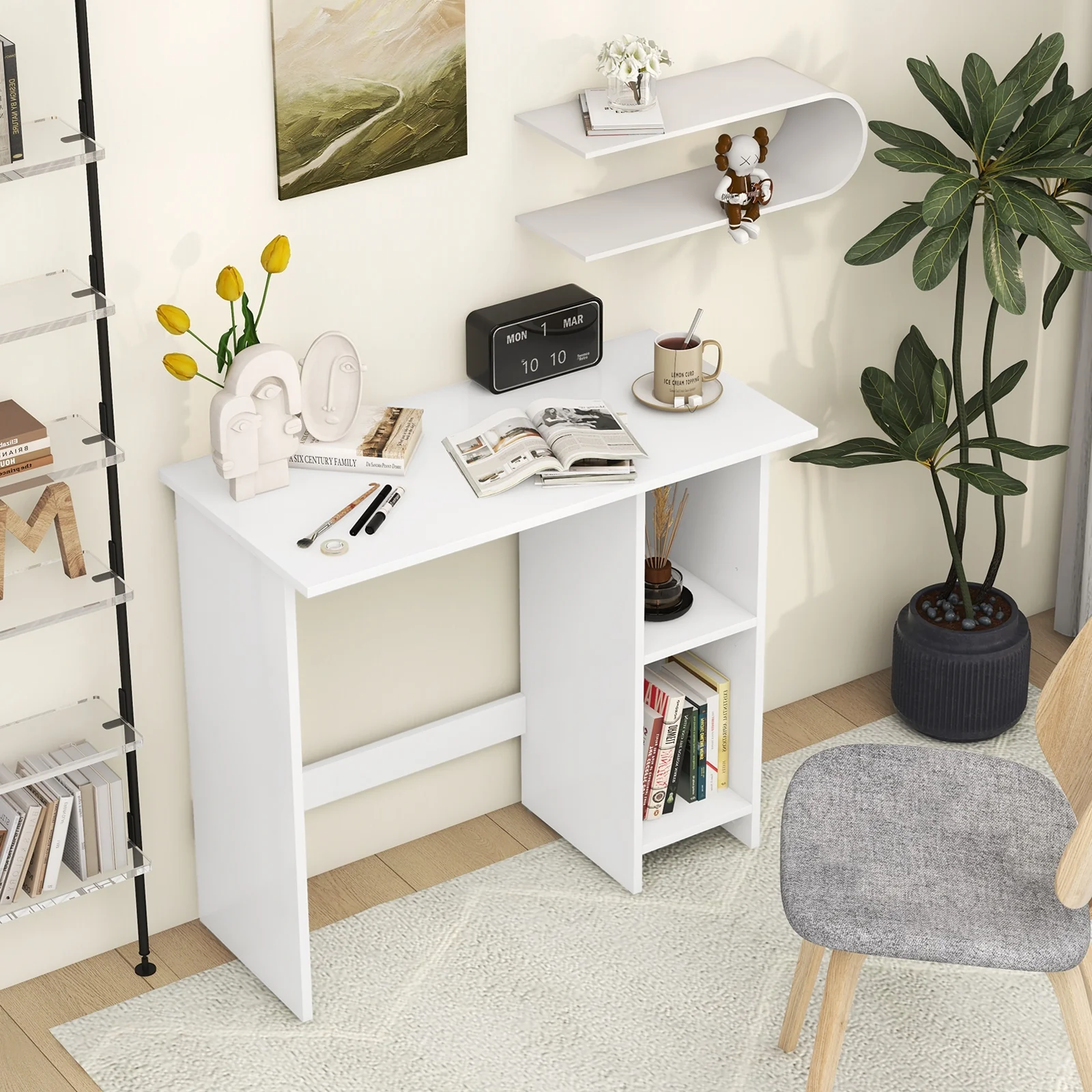 Small Computer Desk With Storage, Adjustable Shelf, White - Image 3