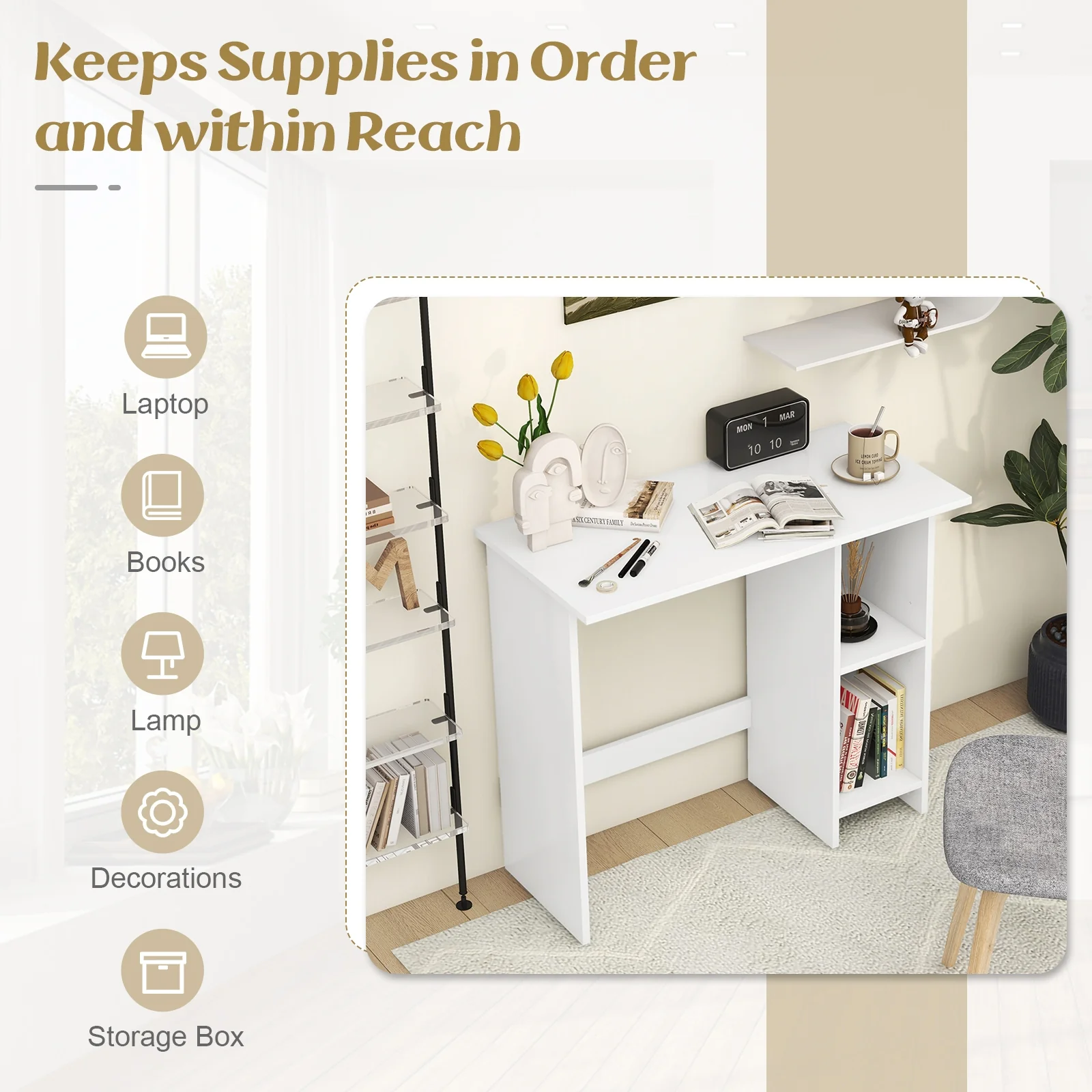 Small Computer Desk With Storage, Adjustable Shelf, White - Image 9