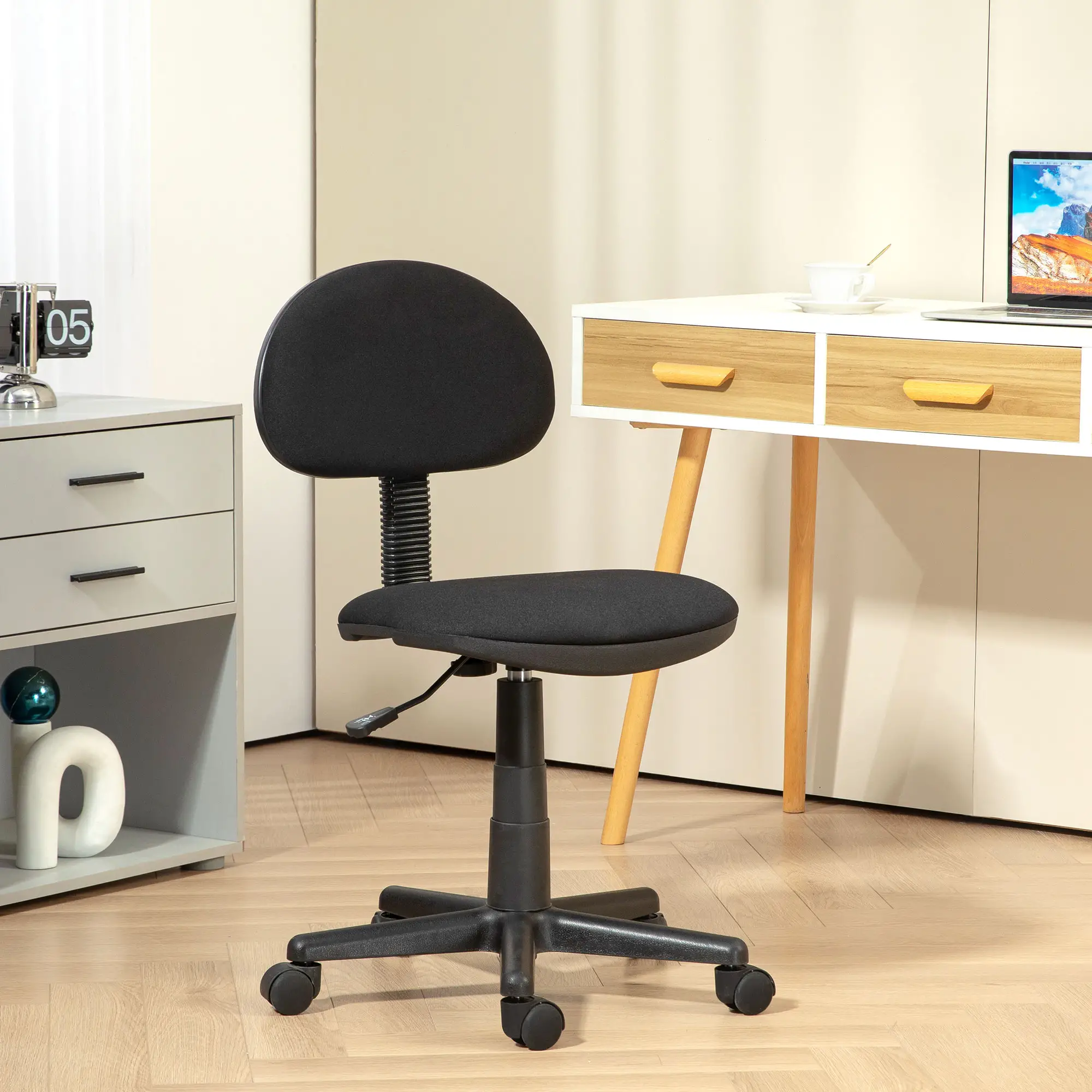 Small Desk Chair, Armless Adjustable Height, 360° Swivel Wheels, Black - Image 2