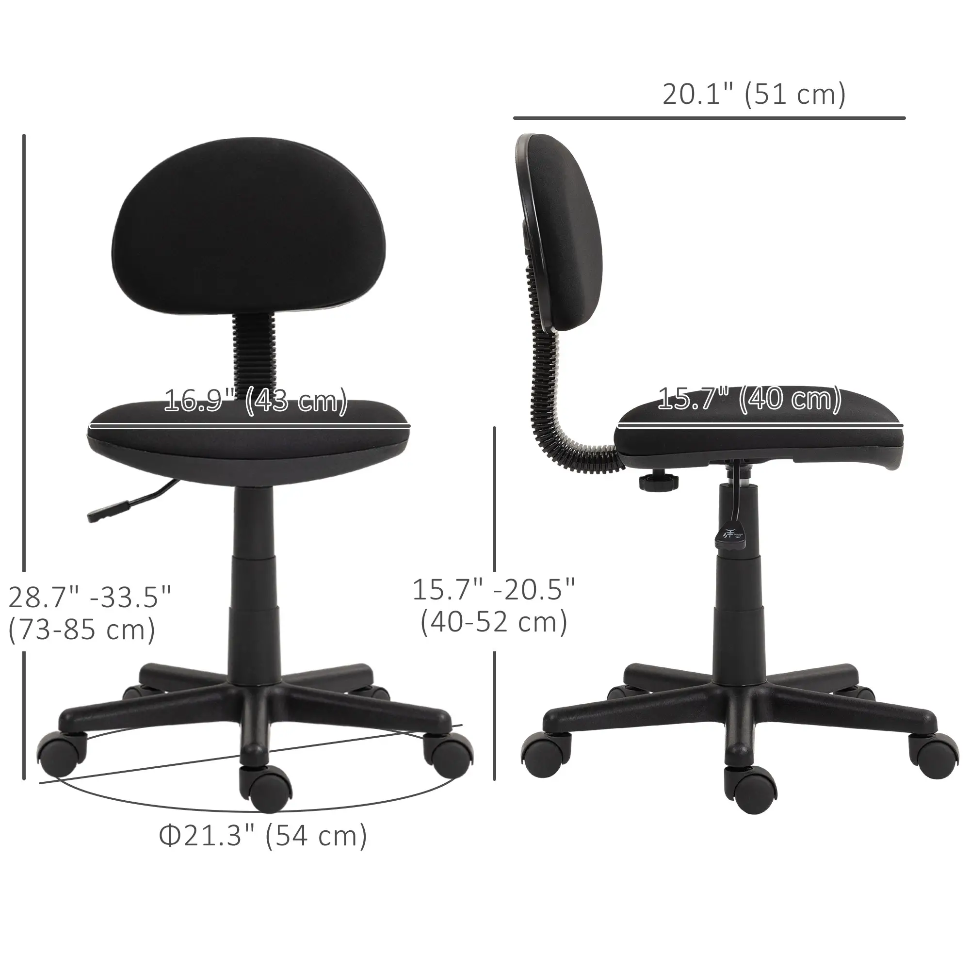 Small Desk Chair, Armless Adjustable Height, 360° Swivel Wheels, Black - Image 3