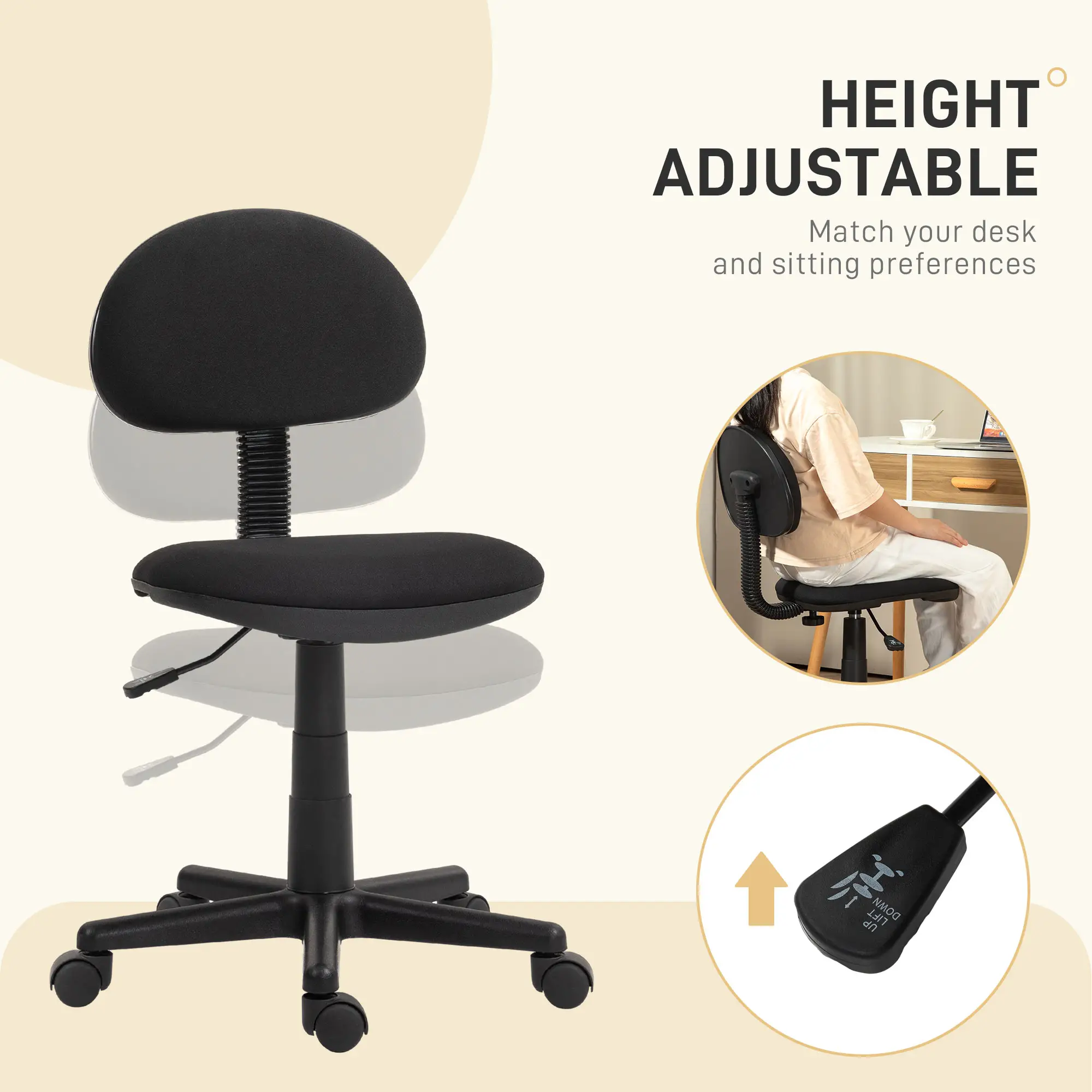 Small Desk Chair, Armless Adjustable Height, 360° Swivel Wheels, Black - Image 4