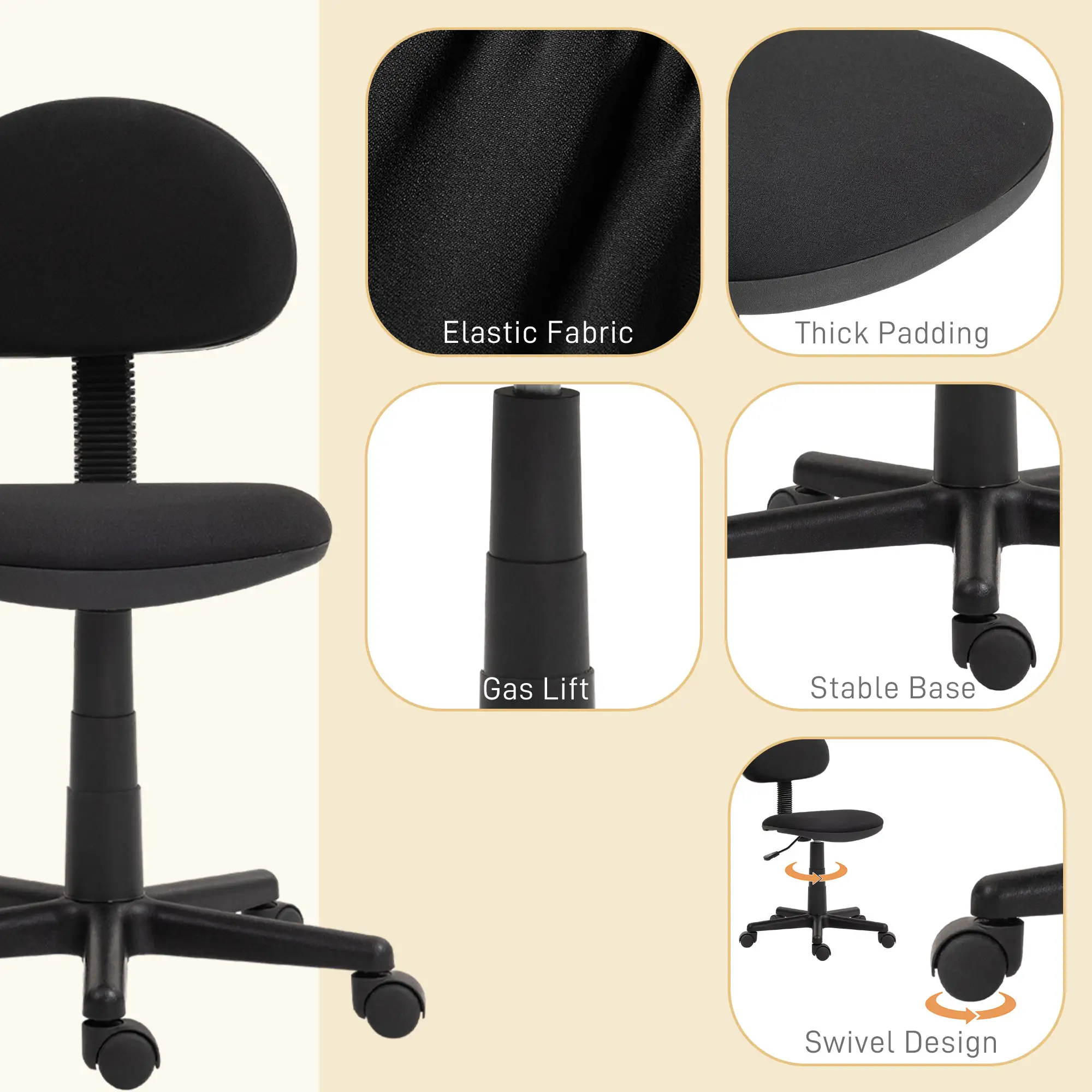 Small Desk Chair, Armless Adjustable Height, 360° Swivel Wheels, Black - Image 5