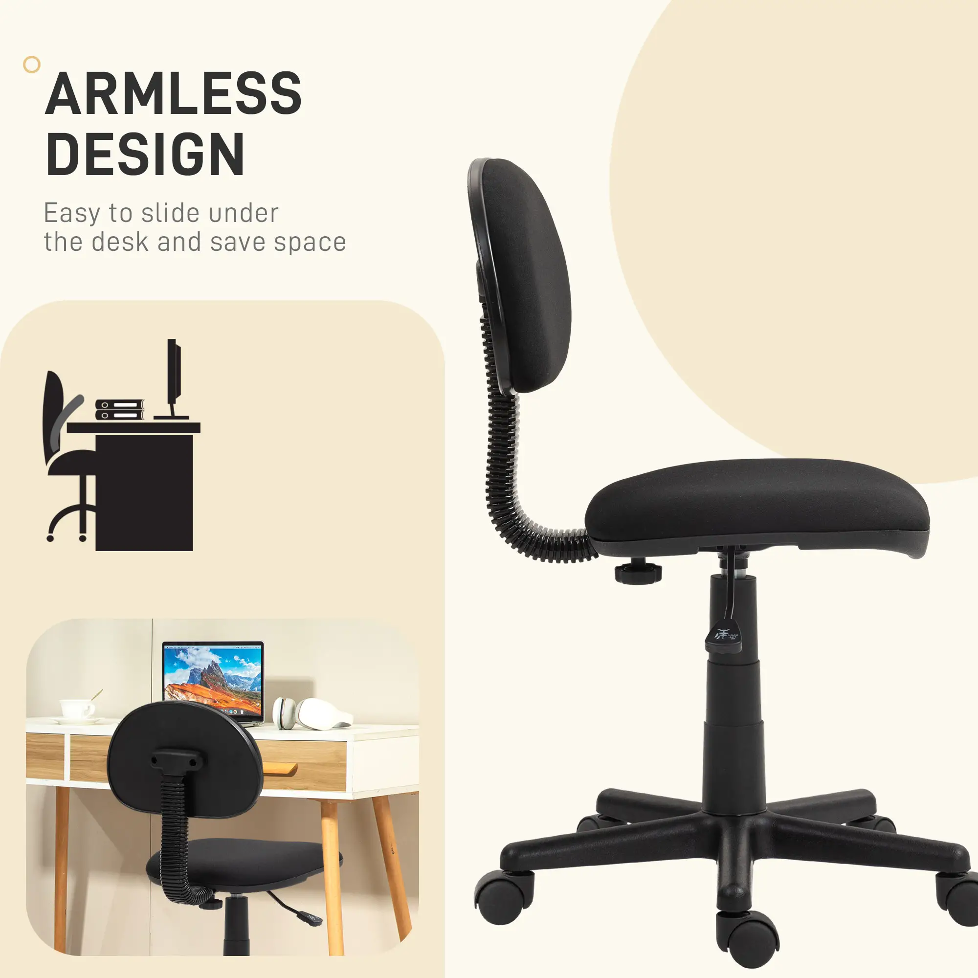 Small Desk Chair, Armless Adjustable Height, 360° Swivel Wheels, Black - Image 6