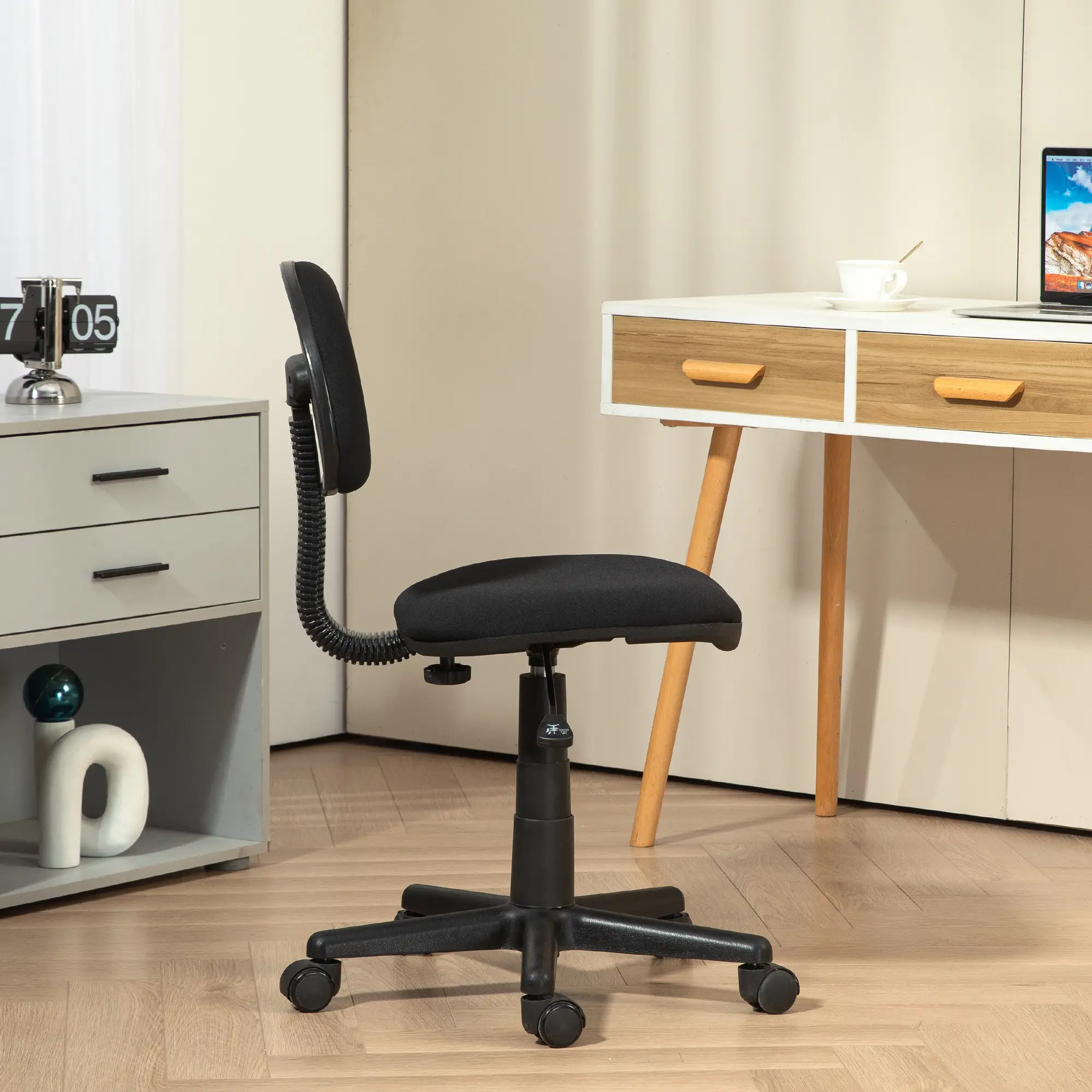 Small Desk Chair, Armless Adjustable Height, 360° Swivel Wheels, Black - Image 7