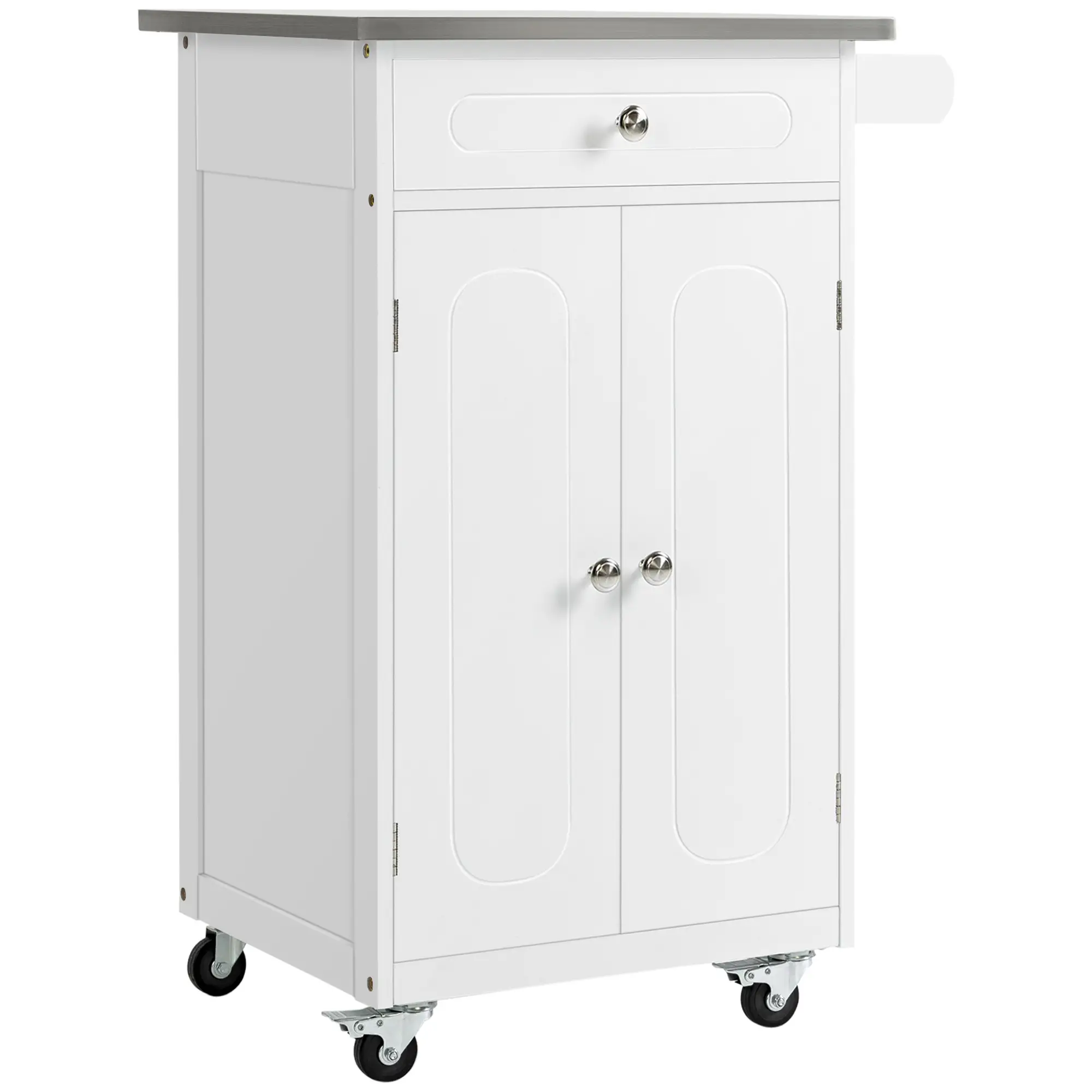 Small Kitchen Cart, Stainless Steel Top, Storage Drawer, White