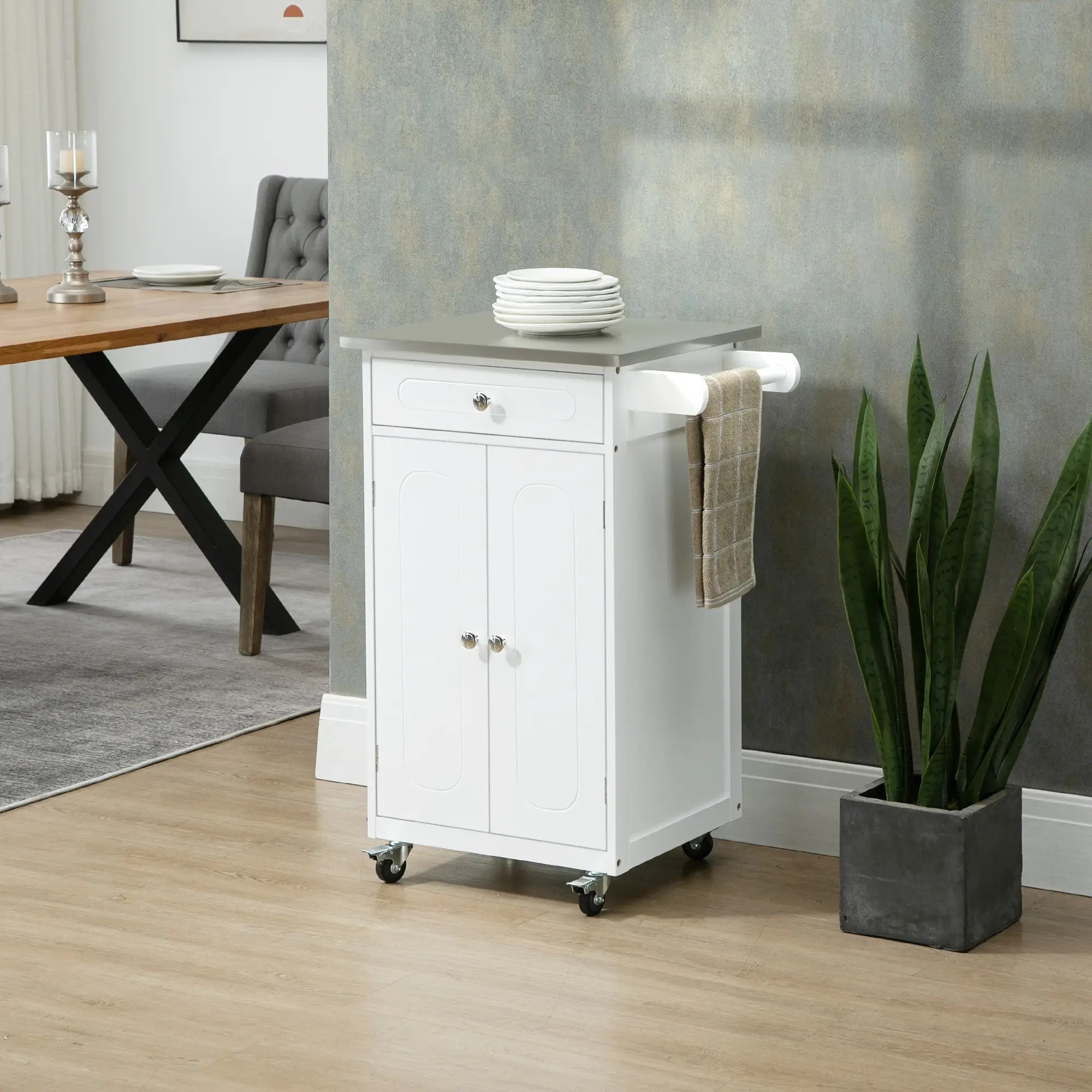 Small Kitchen Cart, Stainless Steel Top, Storage Drawer, White - Image 2