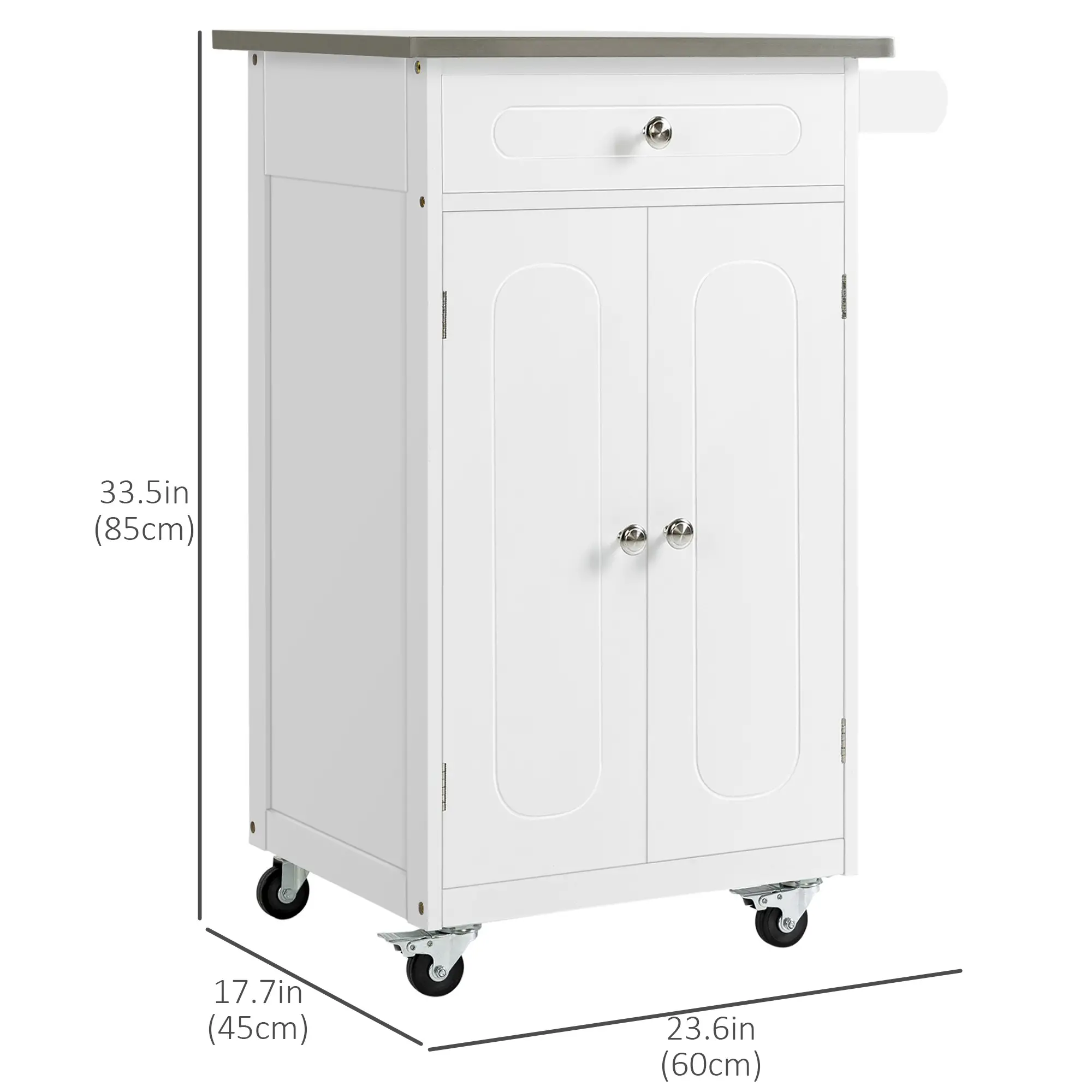 Small Kitchen Cart, Stainless Steel Top, Storage Drawer, White - Image 3