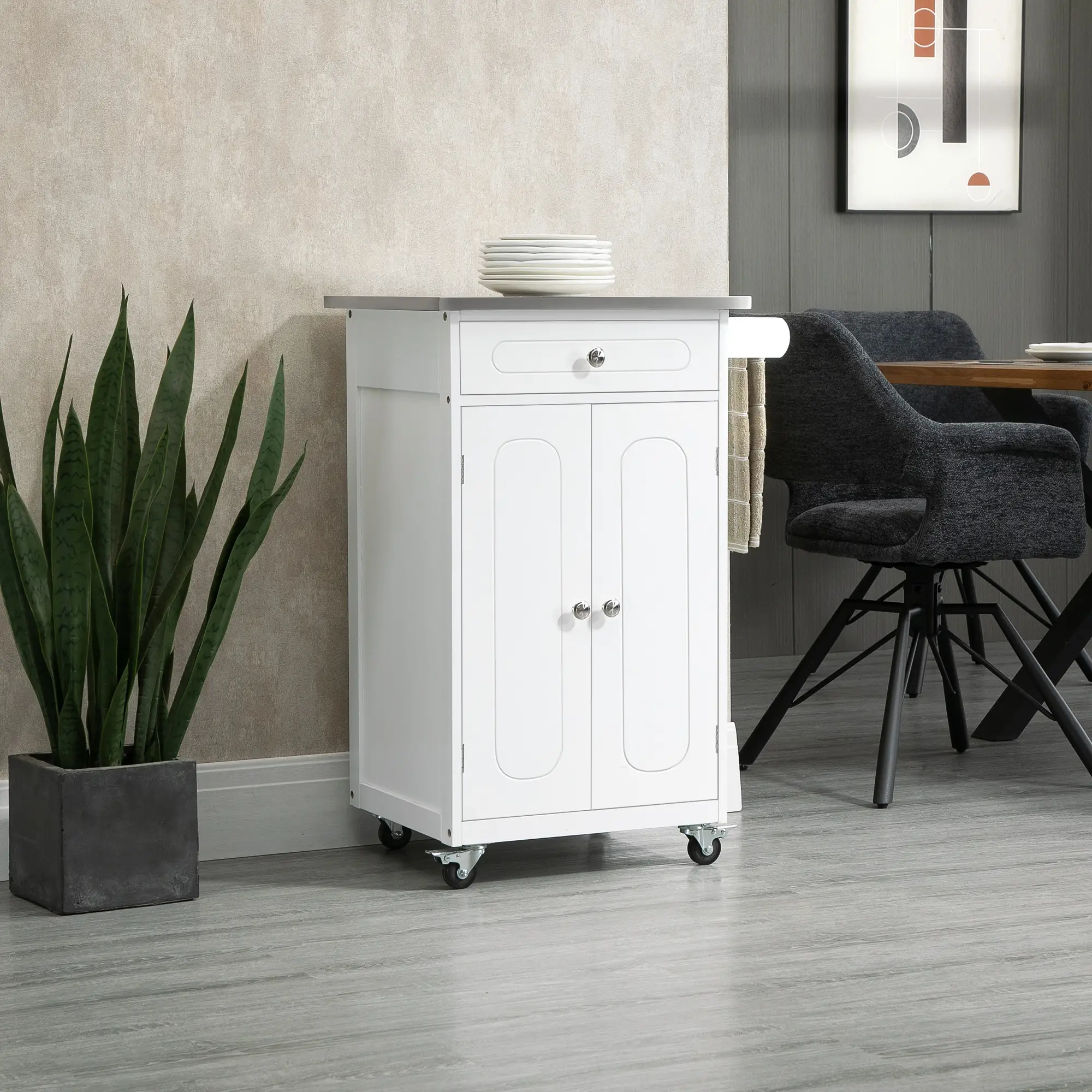 Small Kitchen Cart, Stainless Steel Top, Storage Drawer, White - Image 8