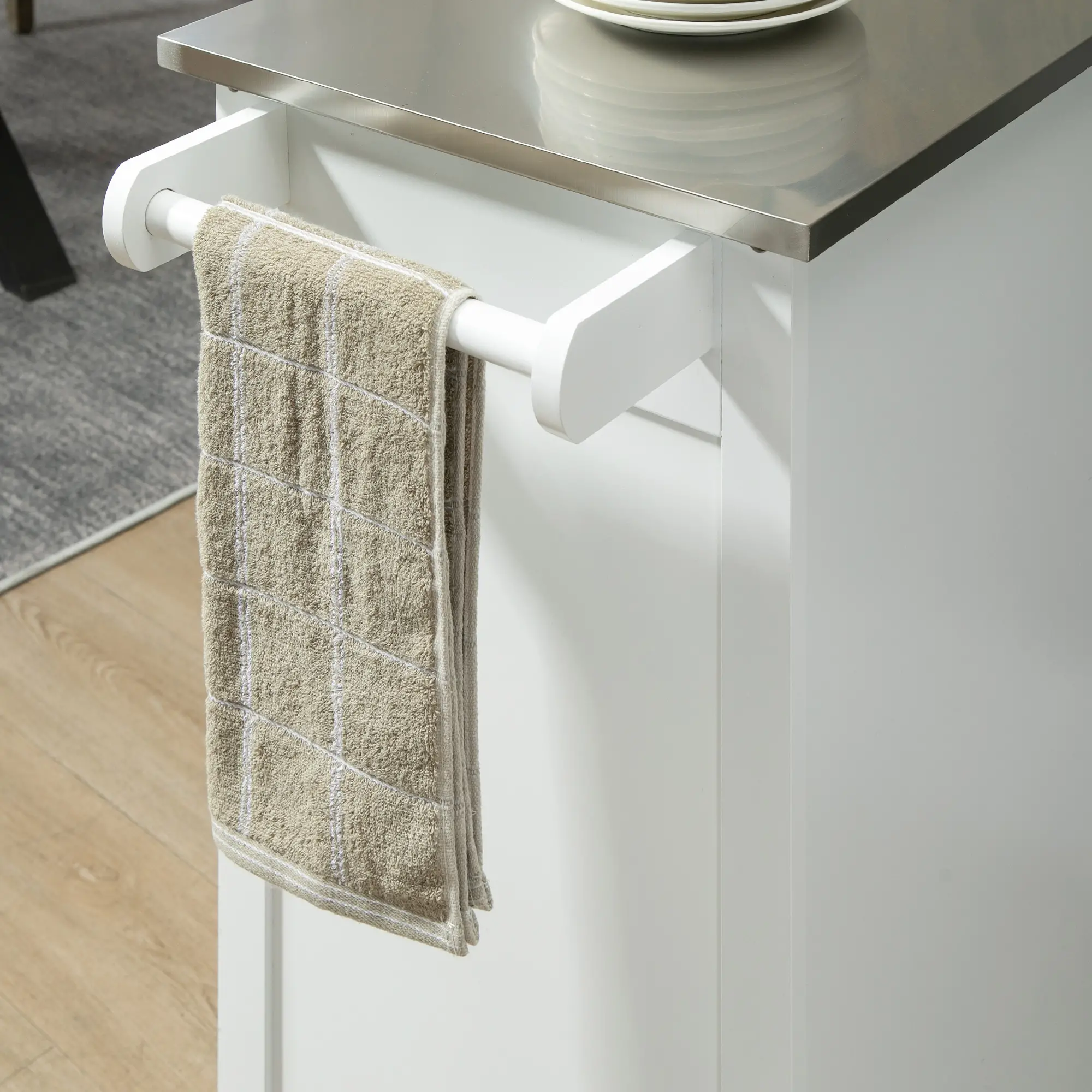 Small Kitchen Cart, Stainless Steel Top, Storage Drawer, White - Image 9