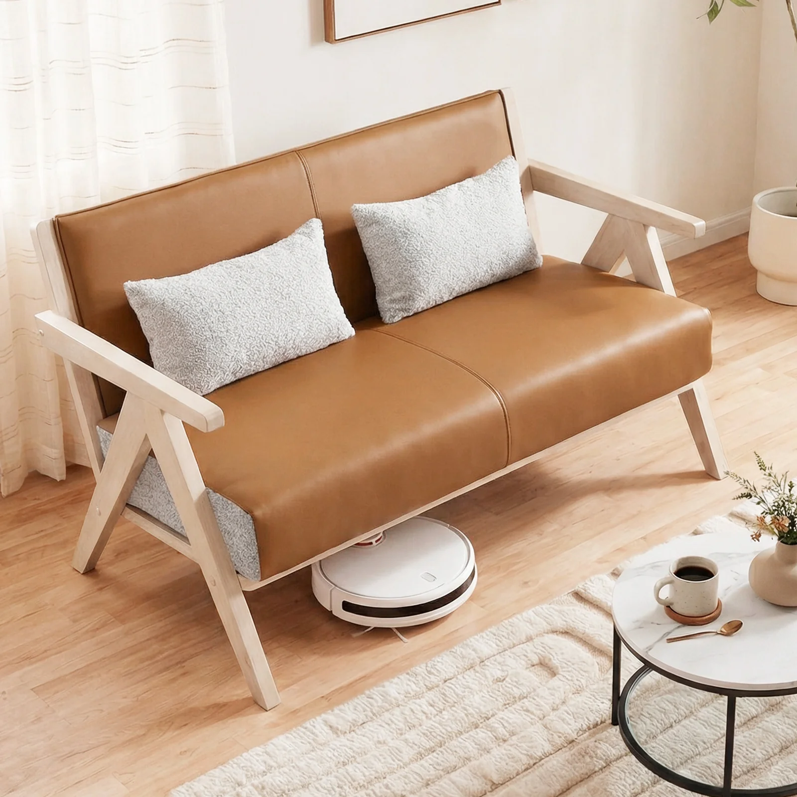 Small Loveseat Sofa, Rubber Wood Frame, Padded Seat, Brown - Image 2