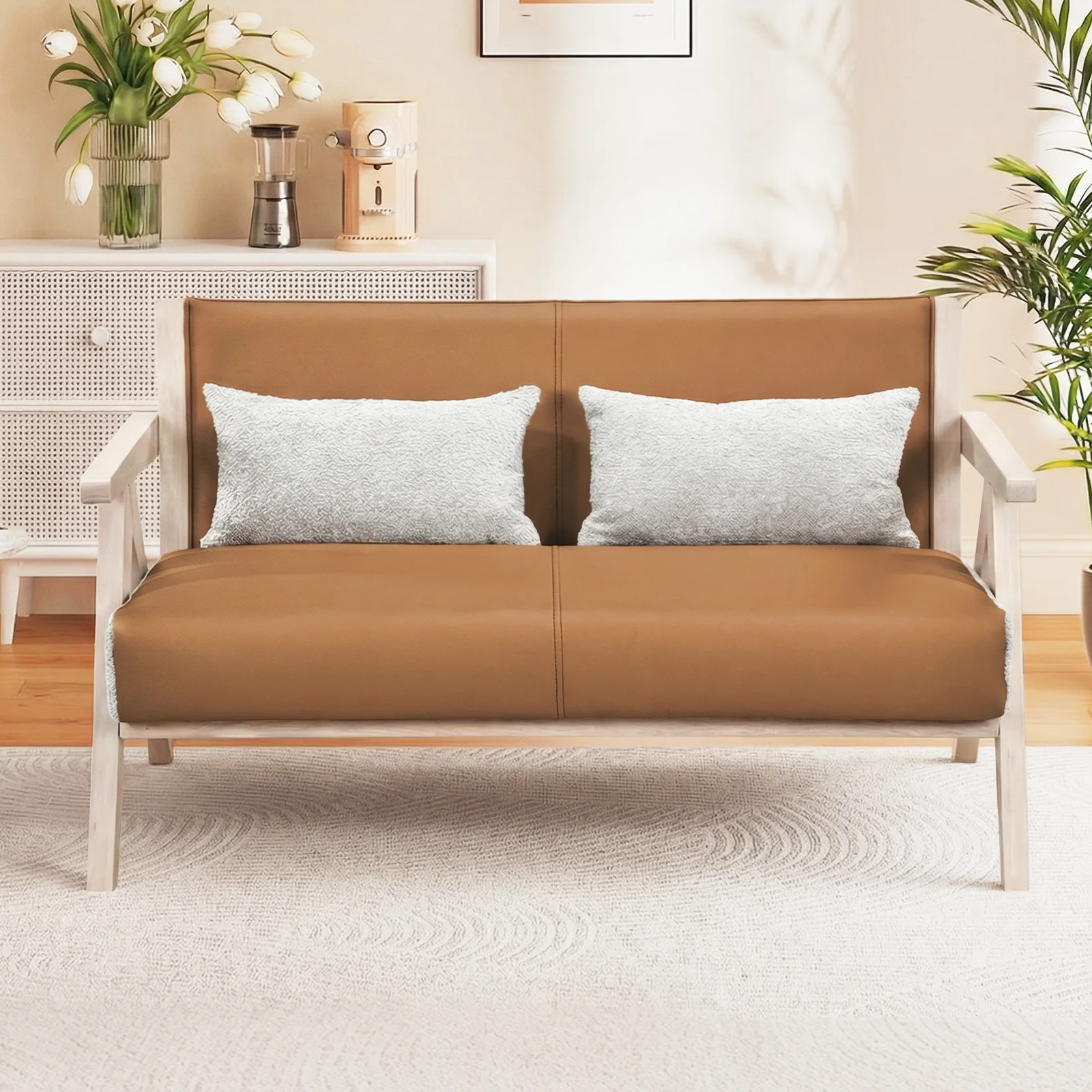 Small Loveseat Sofa, Rubber Wood Frame, Padded Seat, Brown - Image 3