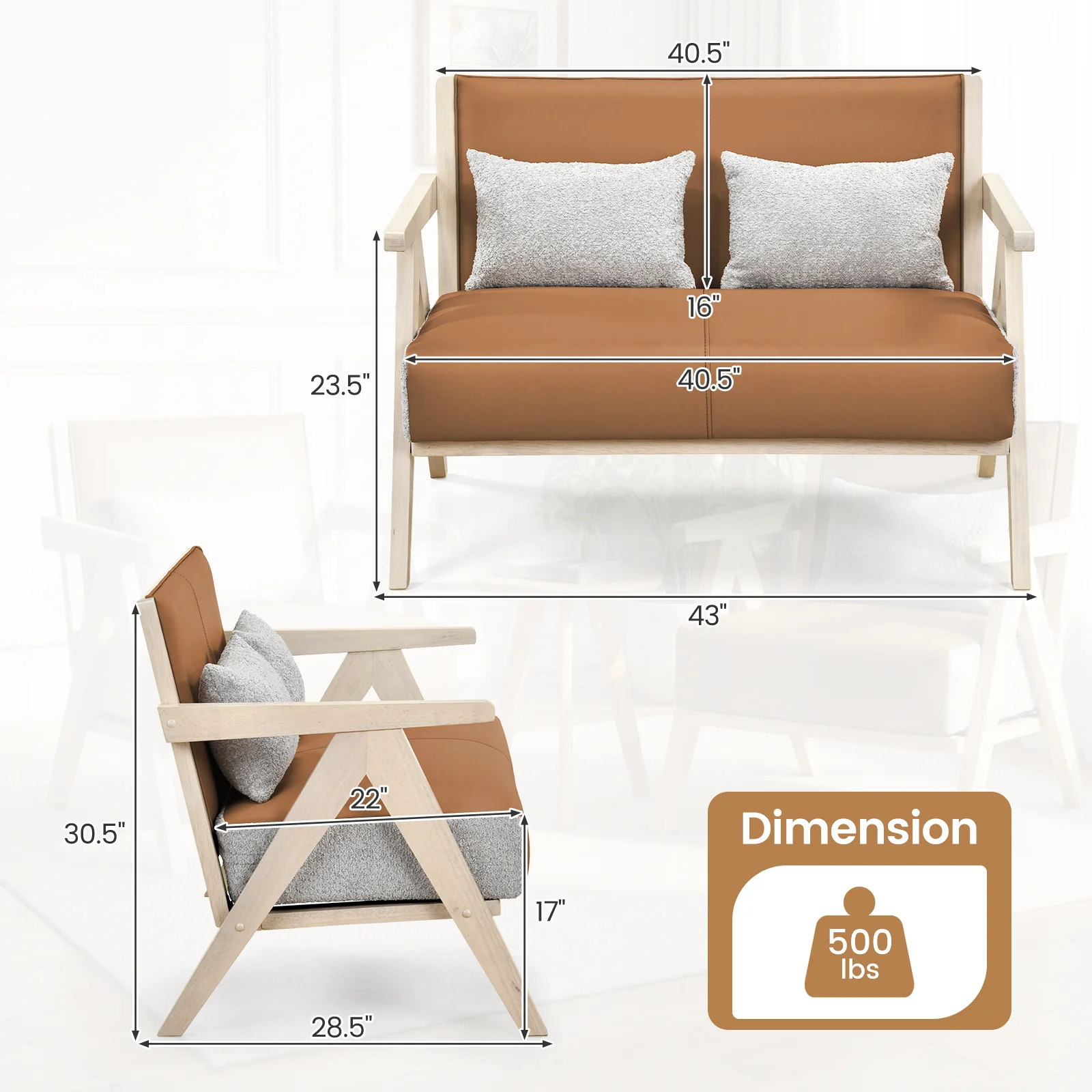Small Loveseat Sofa, Rubber Wood Frame, Padded Seat, Brown - Image 5