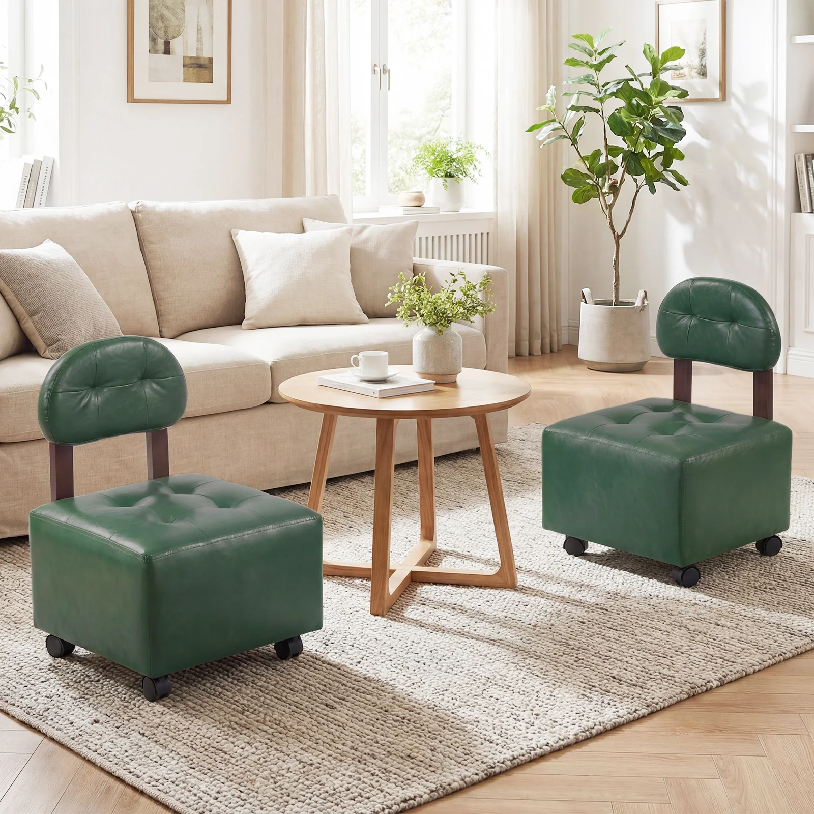 Small Rolling Footrest Stools Set Of 2, Green - Image 2
