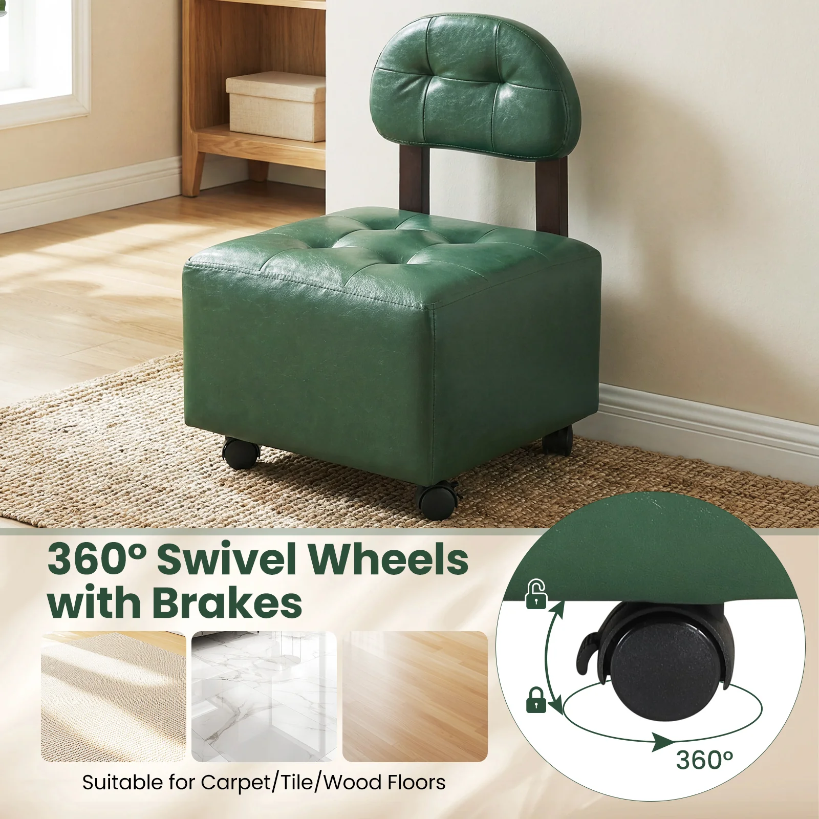 Small Rolling Footrest Stools Set Of 2, Green - Image 9