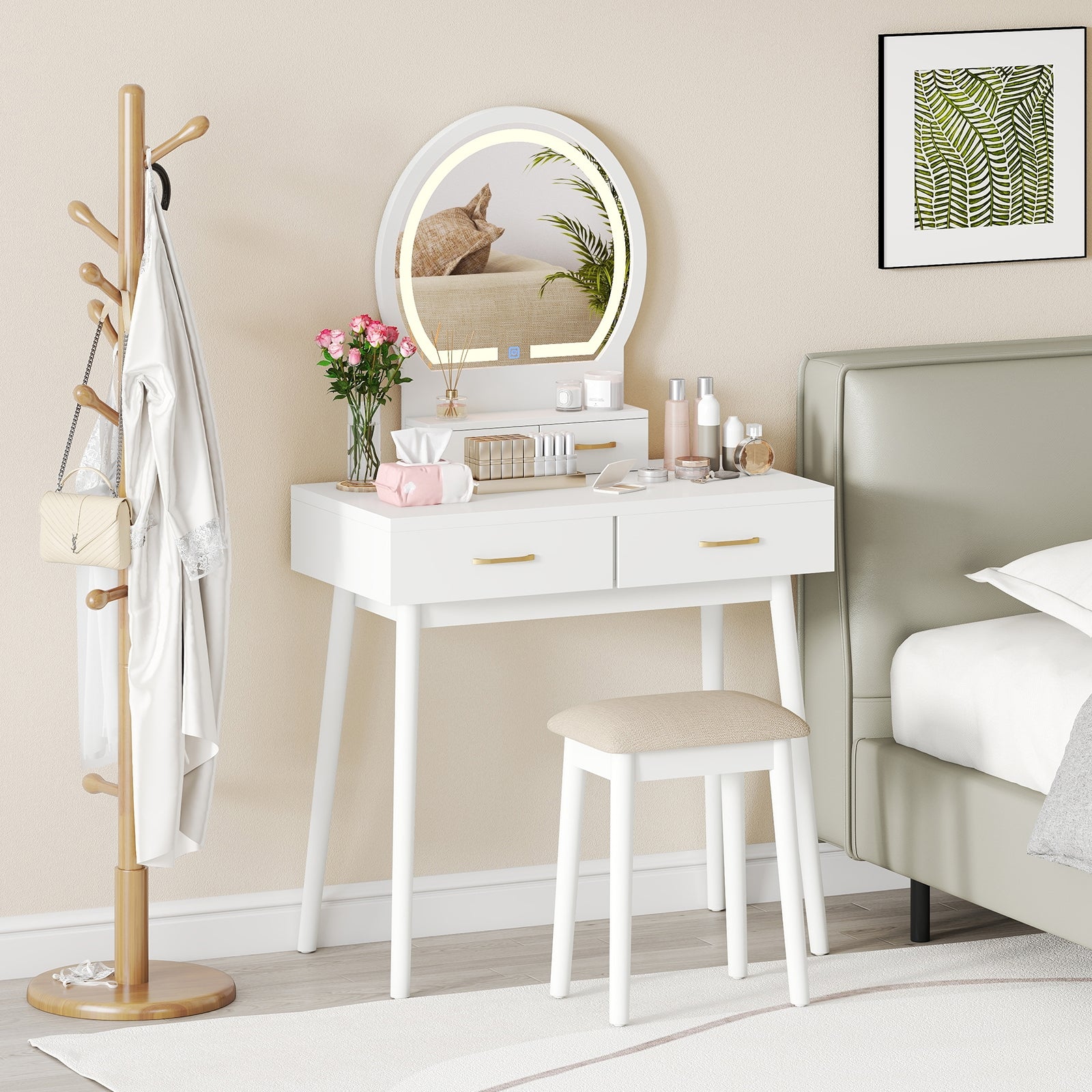 Small Vanity Makeup Table With Stool, LED Mirror, White - Image 2