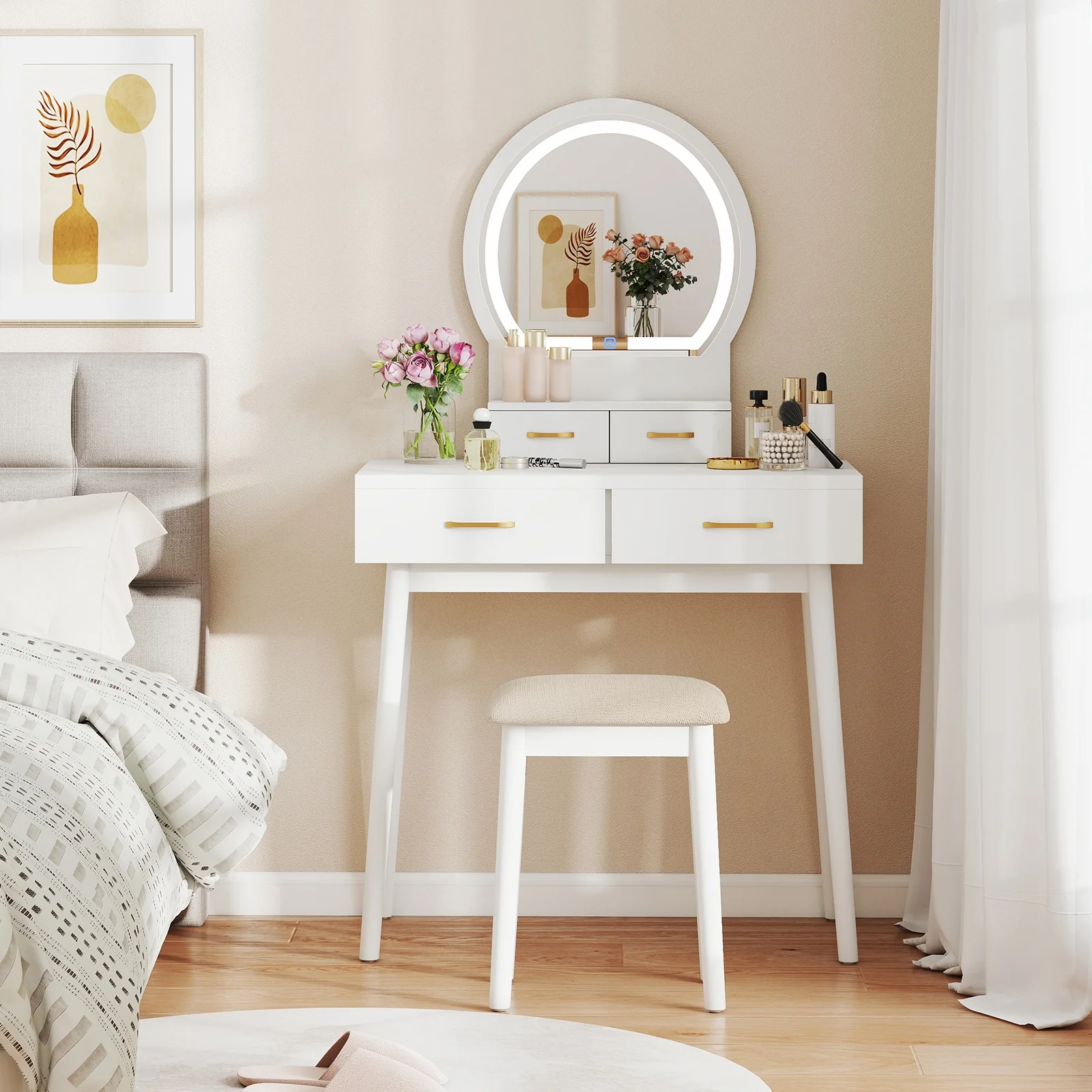 Small Vanity Makeup Table With Stool, LED Mirror, White - Image 3
