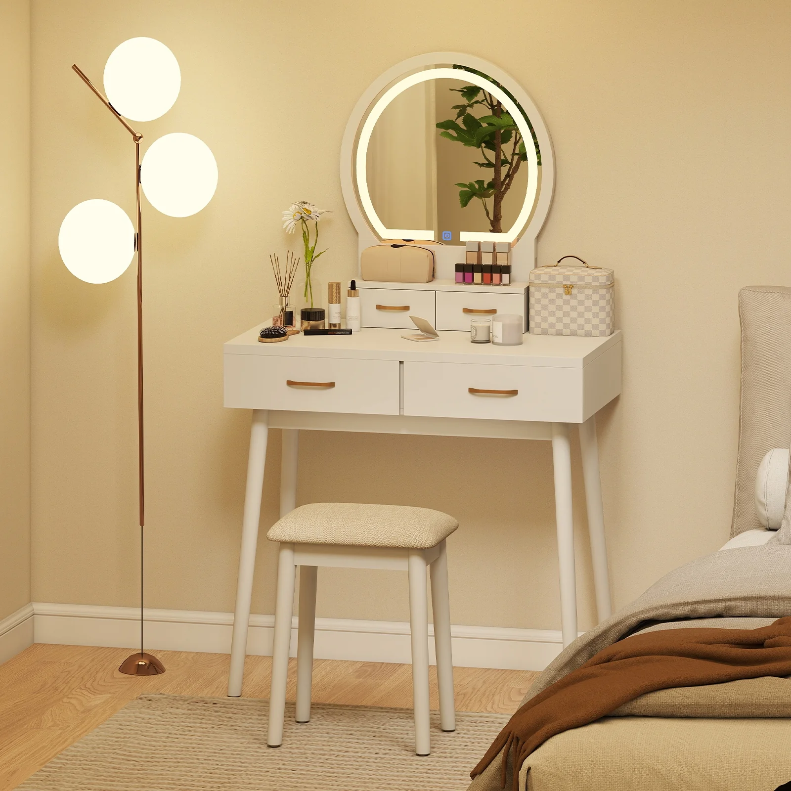Small Vanity Makeup Table With Stool, LED Mirror, White - Image 7